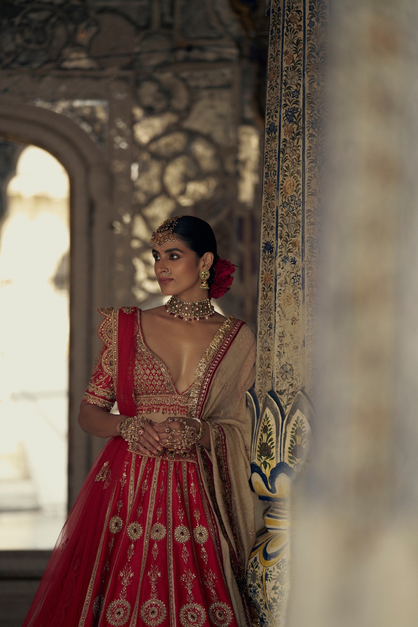 Red Raw Silk Lehenga Choli with Embroidered Net Dupatta