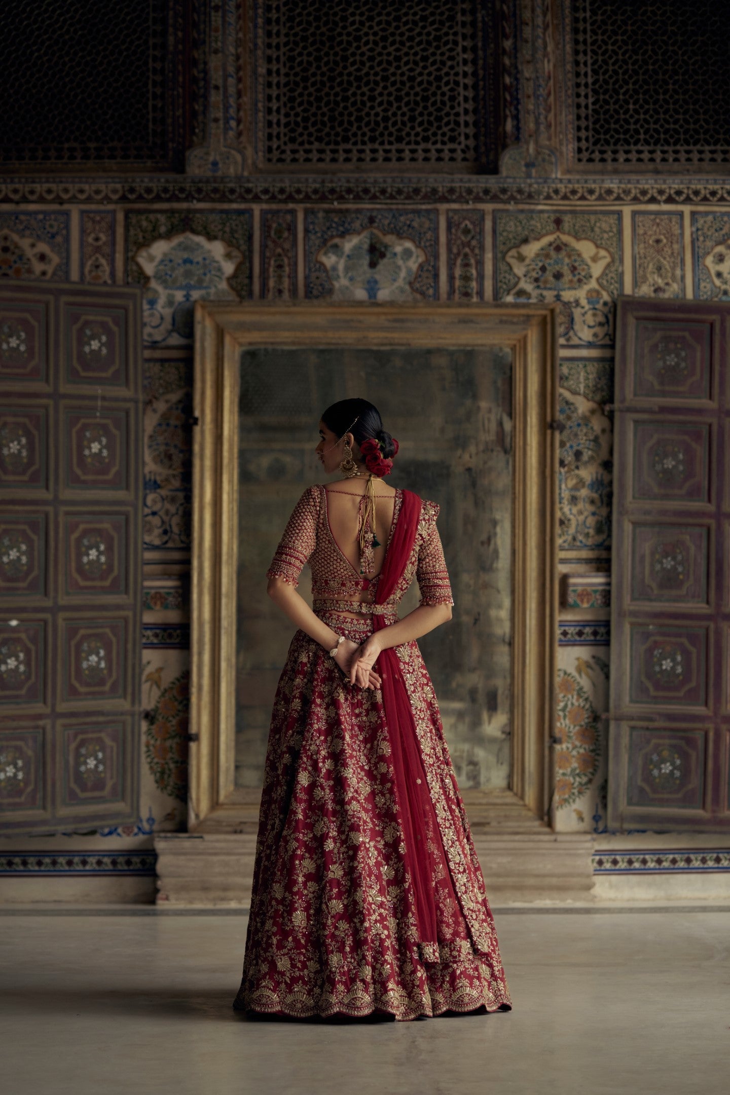 Deep Red Raw Silk Bridal Lehenga Choli with Antique Kasab Work