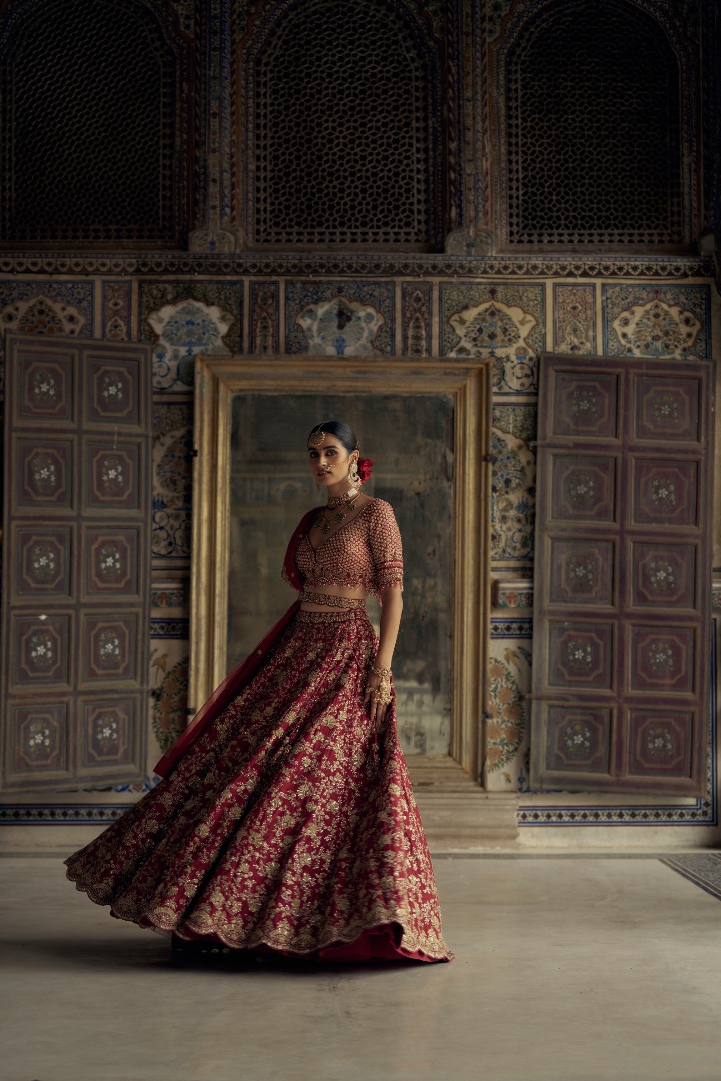 Deep Red Raw Silk Bridal Lehenga Choli with Antique Kasab Work