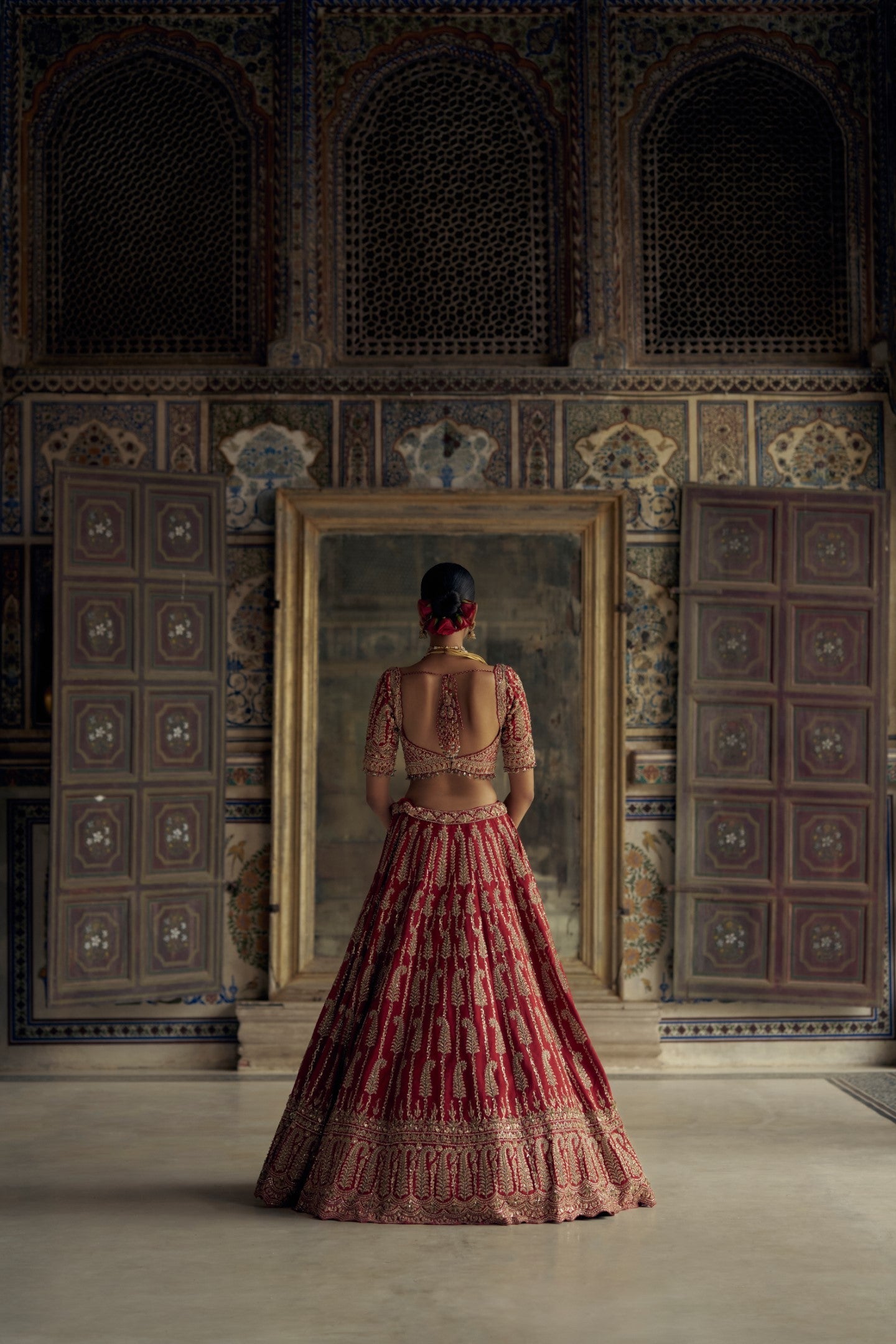 Deep Red Raw Silk Embroidered Lehenga Set for Bridal Wear