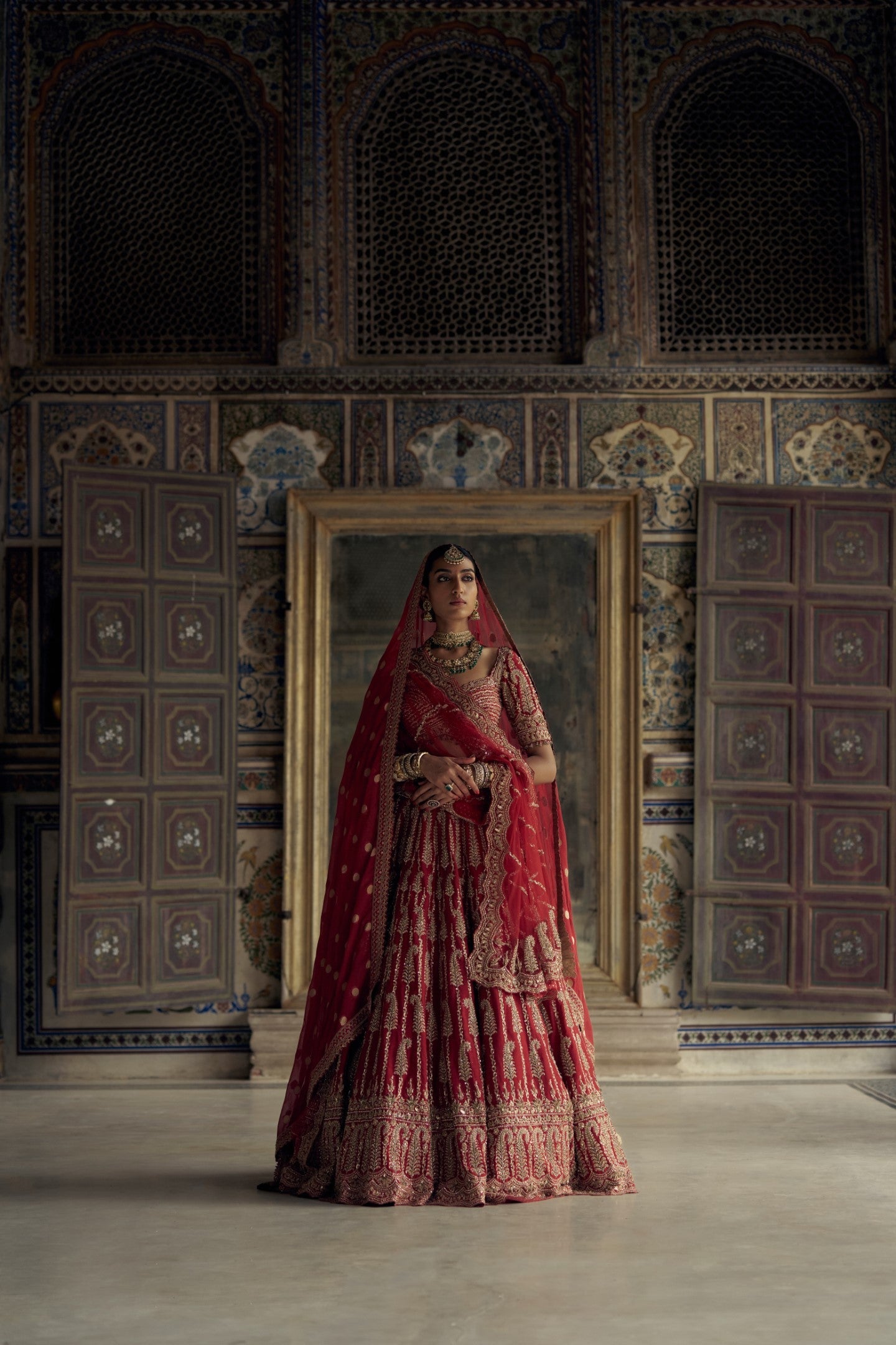 Deep Red Raw Silk Embroidered Lehenga Set for Bridal Wear