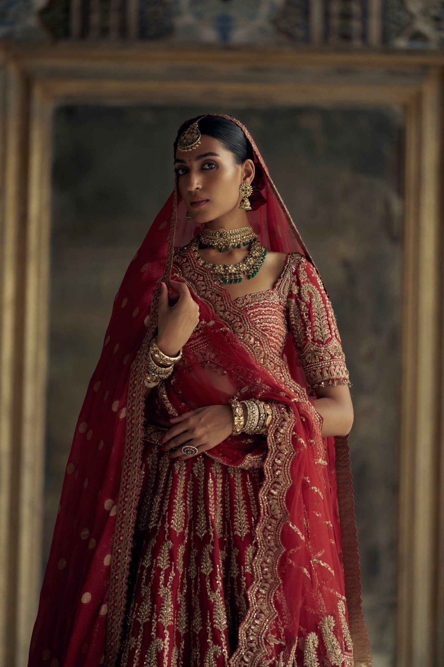 Deep Red Raw Silk Embroidered Lehenga Set for Bridal Wear