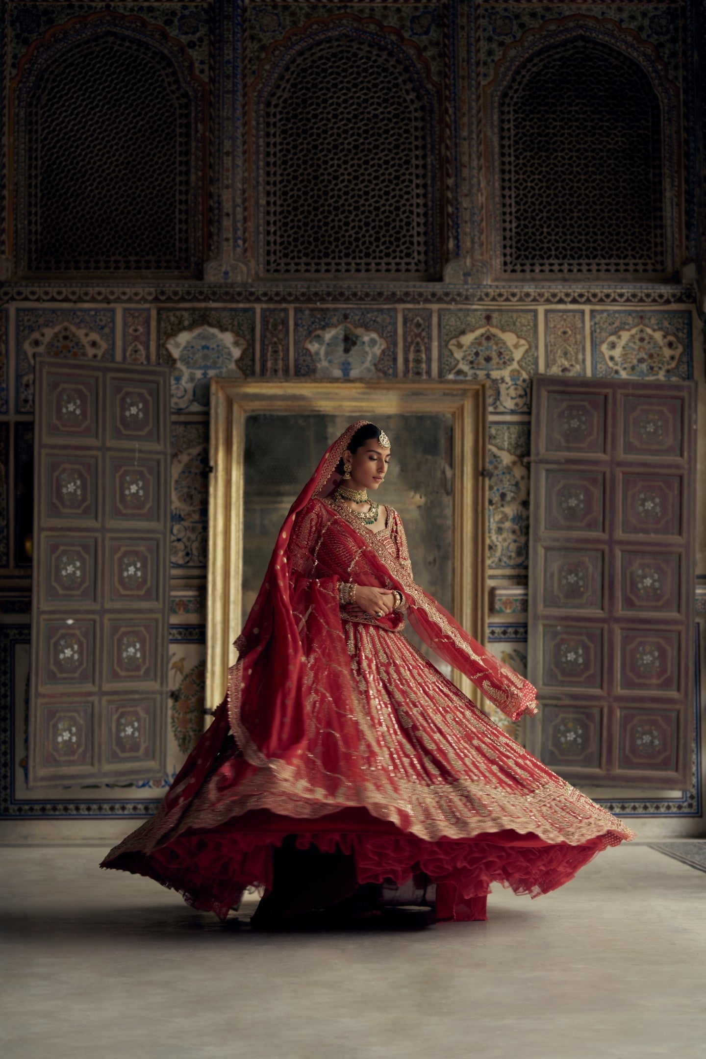 Deep Red Raw Silk Embroidered Lehenga Set for Bridal Wear