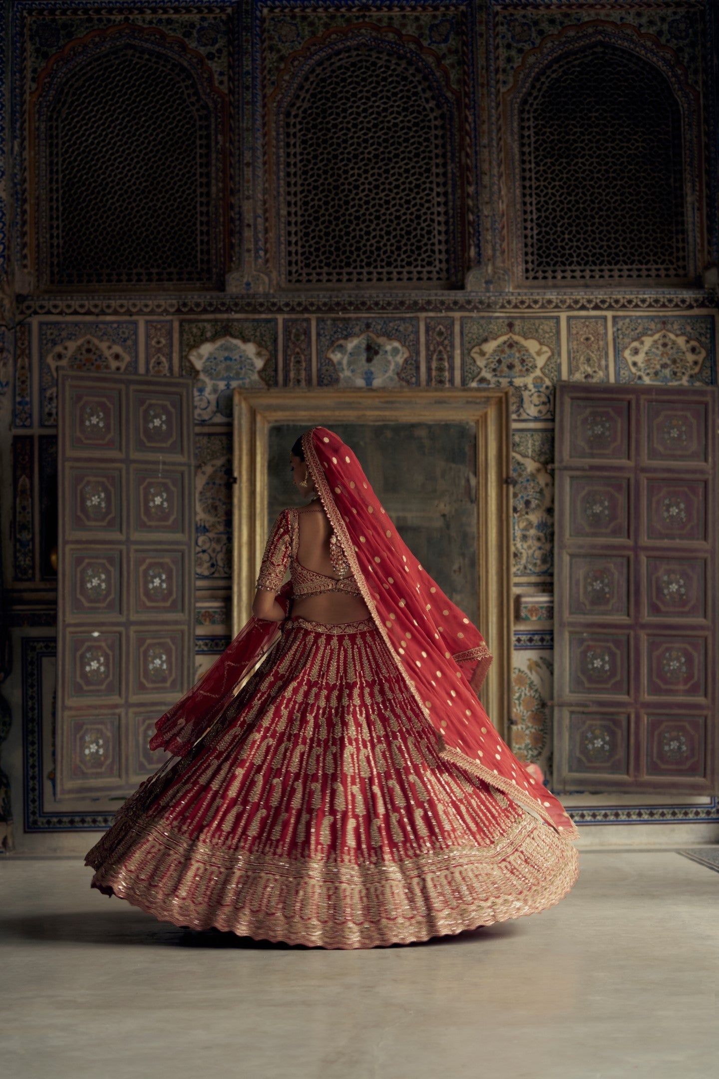 Deep Red Raw Silk Embroidered Lehenga Set for Bridal Wear