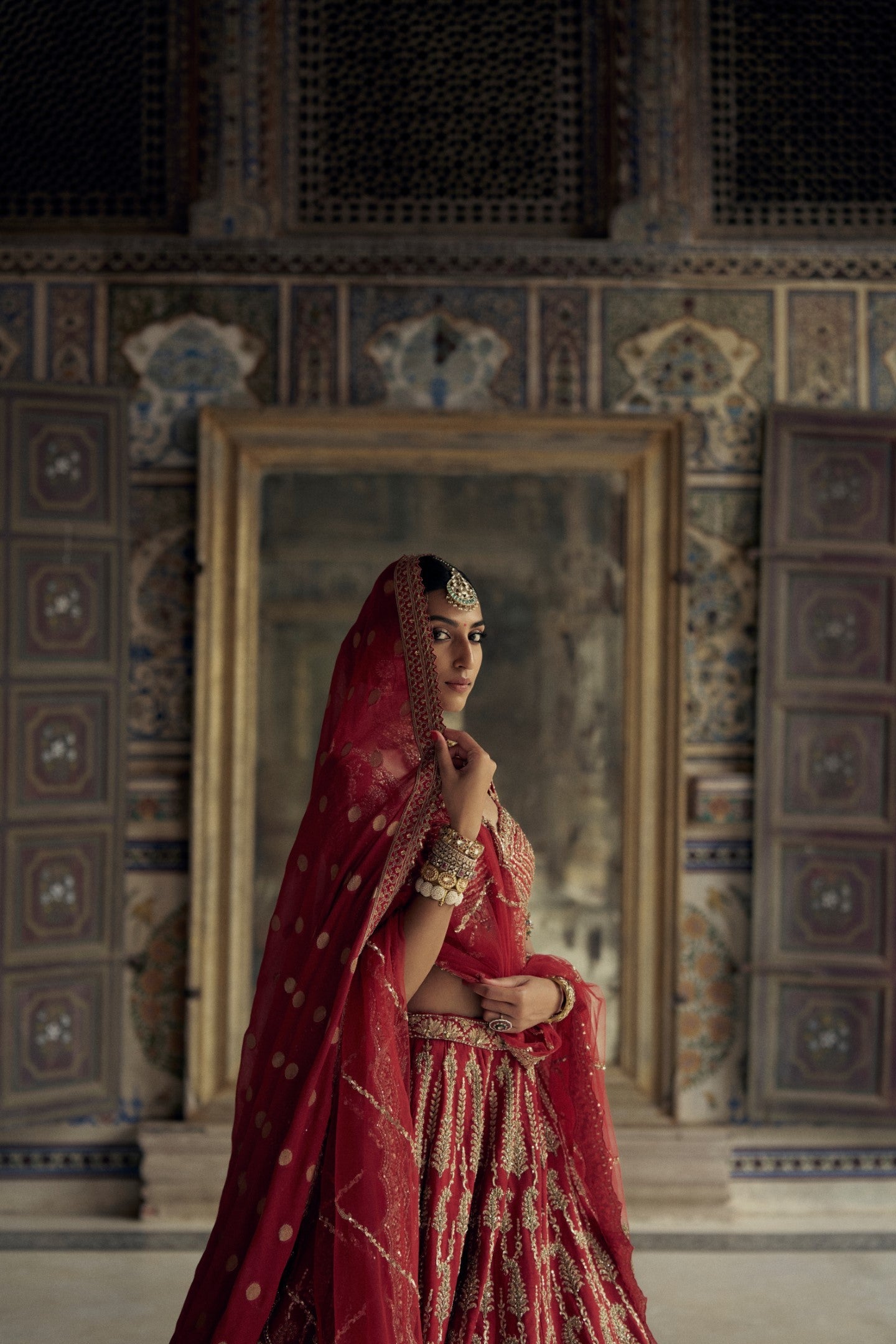 Deep Red Raw Silk Embroidered Lehenga Set for Bridal Wear