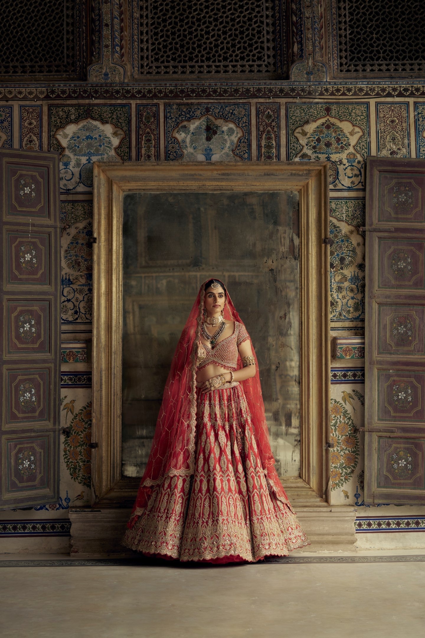 Red Raw Silk Lehenga Choli with Embroidered Net Dupatta