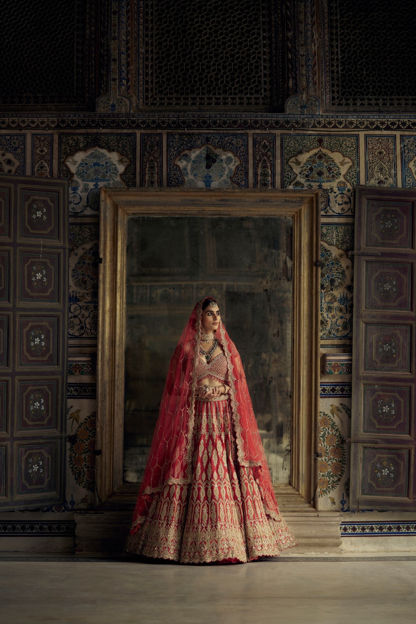 Red Raw Silk Lehenga Choli with Embroidered Net Dupatta