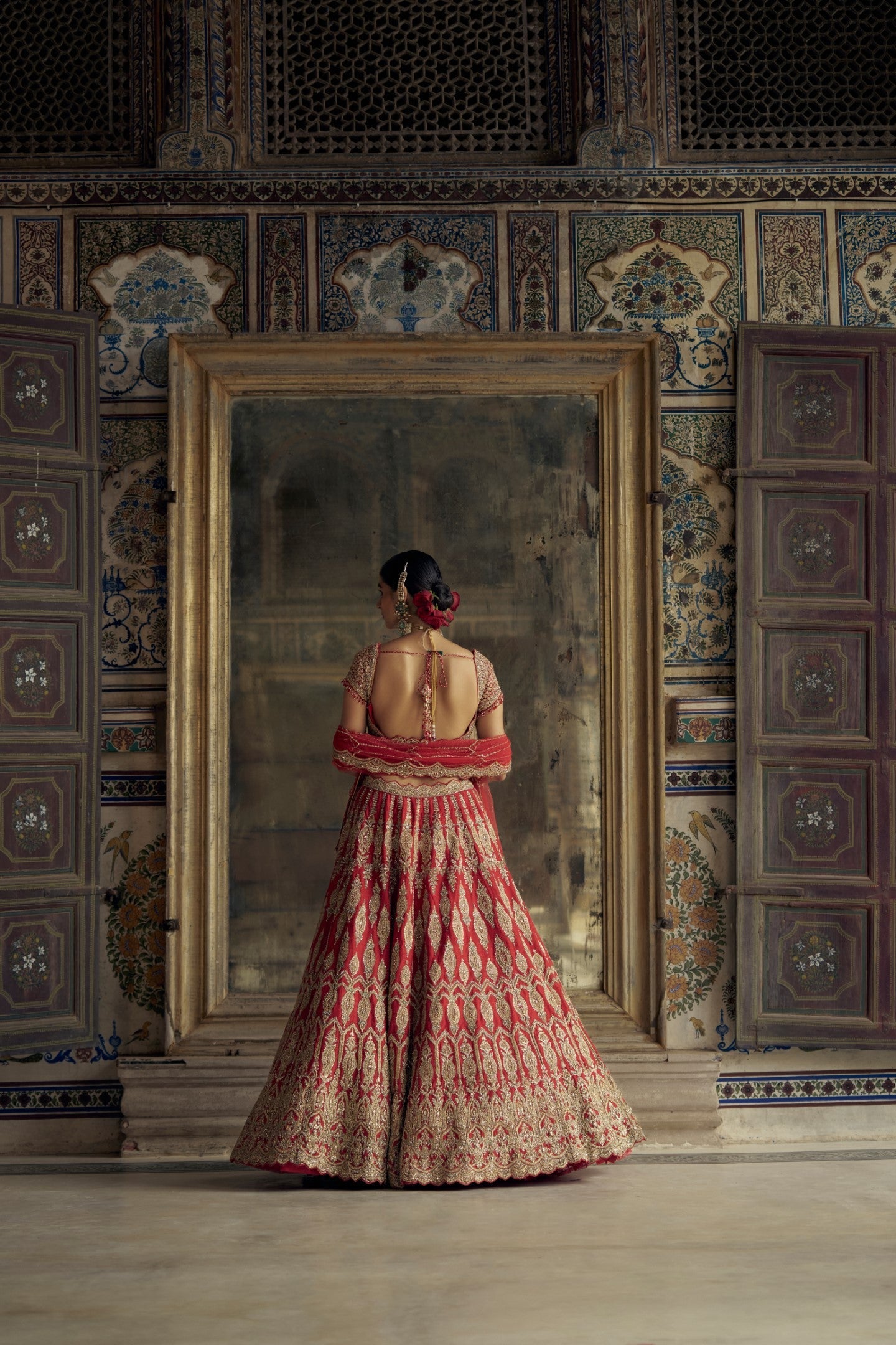 Red Raw Silk Lehenga Choli with Embroidered Net Dupatta