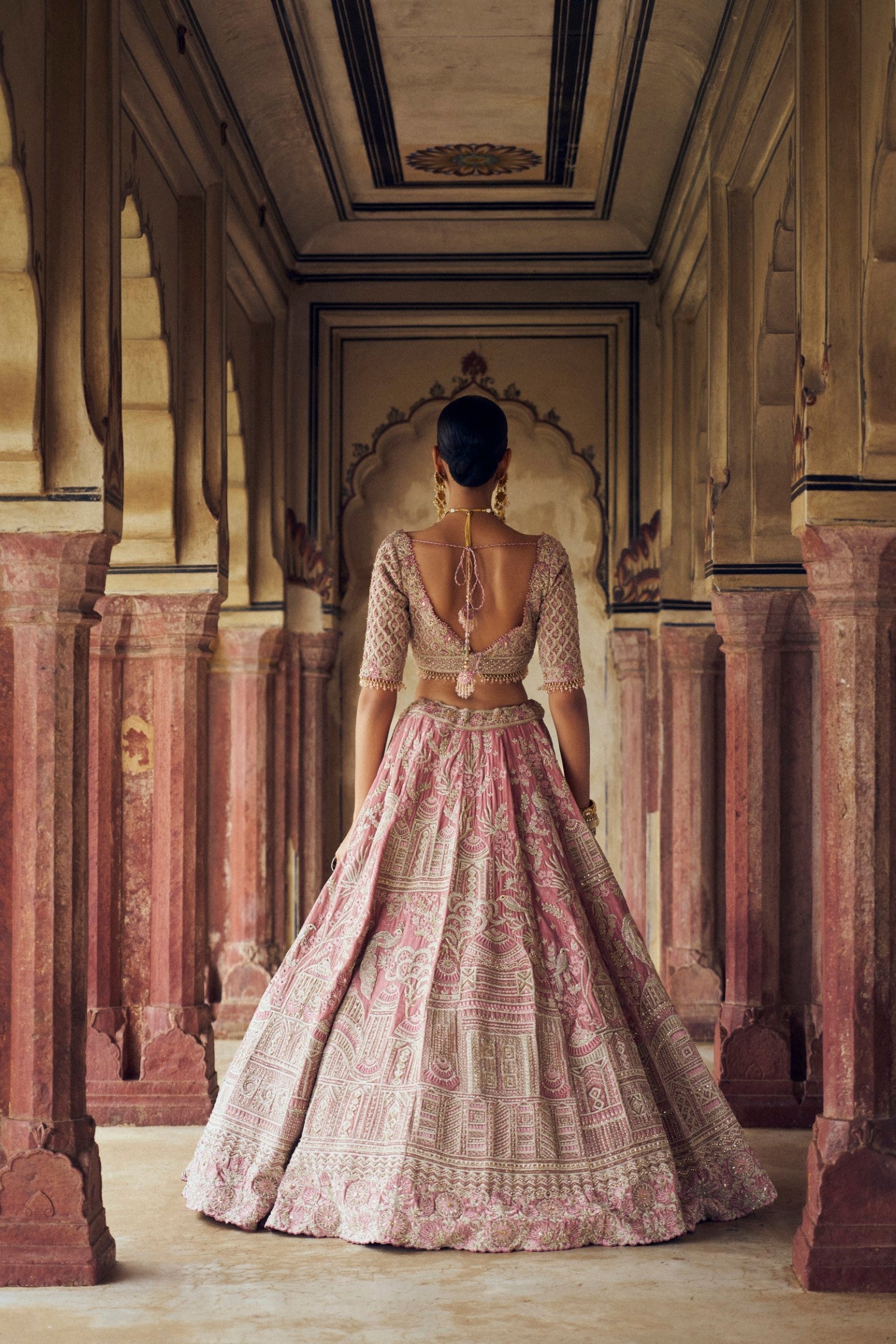 Blush Pink Velvet Lehenga Choli with Rosegold Kasab Embroidery