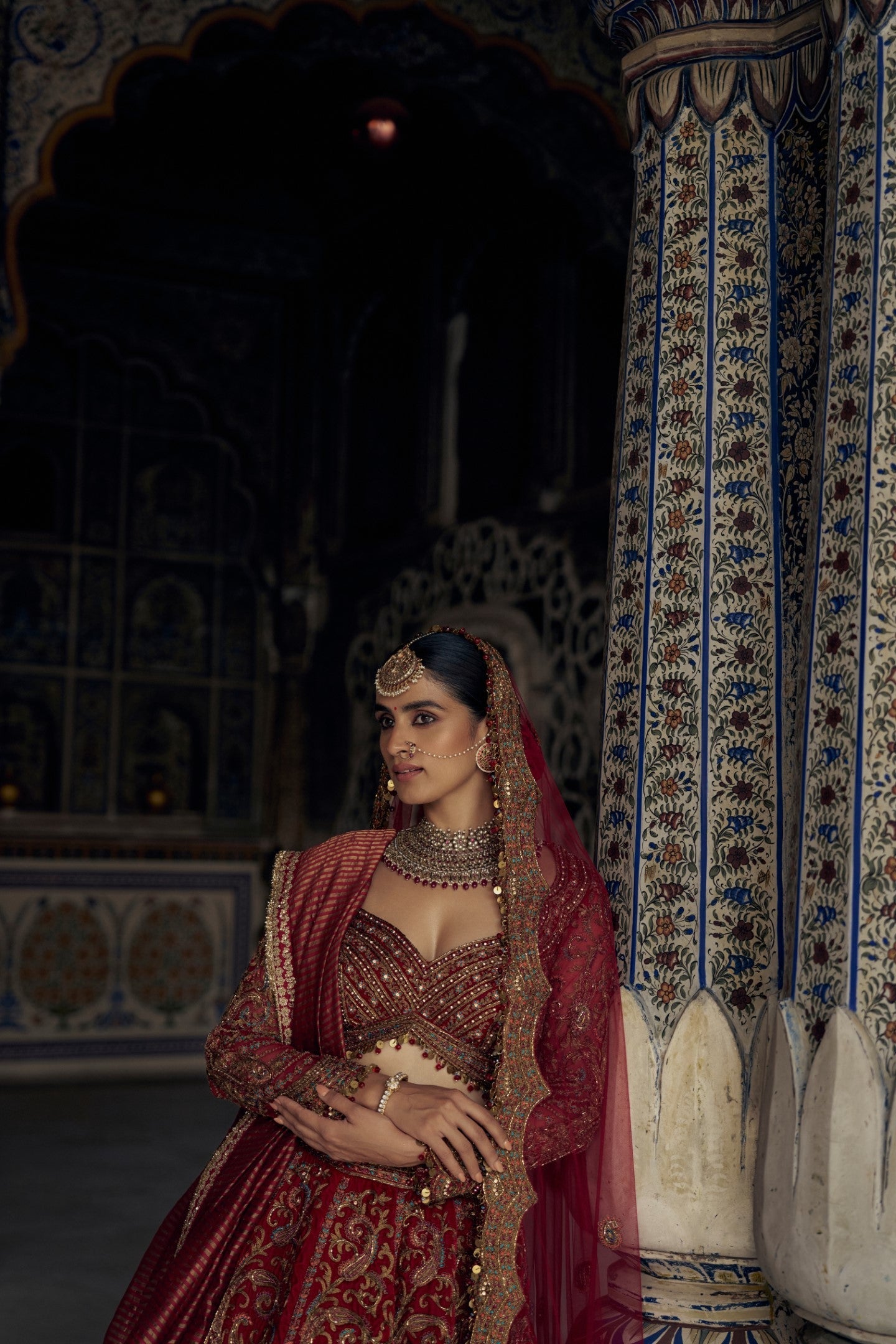 Red Raw Silk Lehenga Choli with Antique Kasab Embroidery