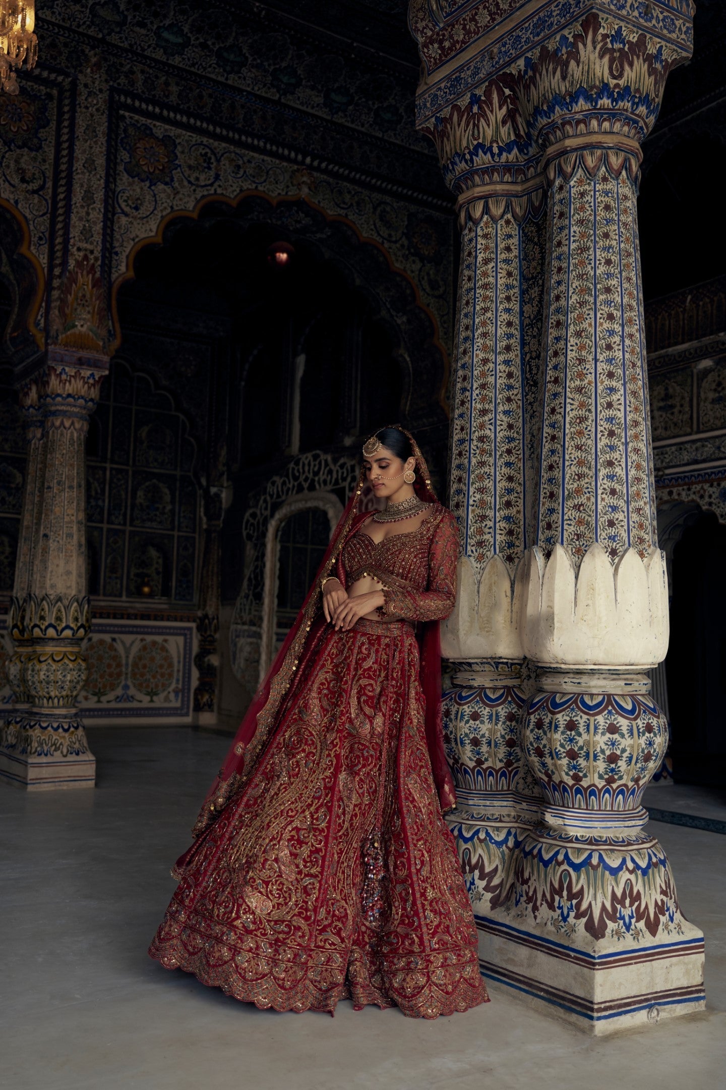 Red Raw Silk Lehenga Choli with Antique Kasab Embroidery