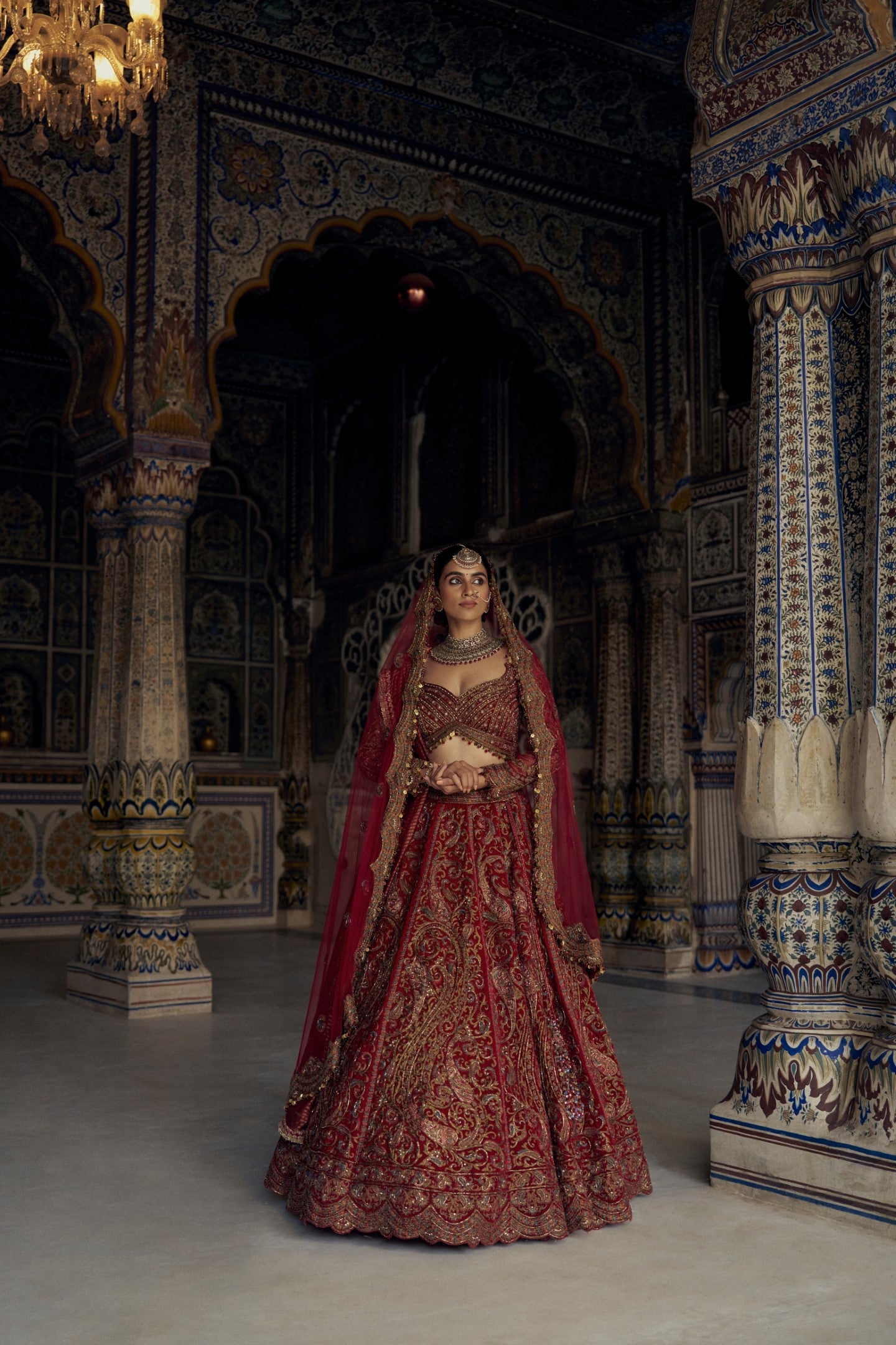 Red Raw Silk Lehenga Choli with Antique Kasab Embroidery
