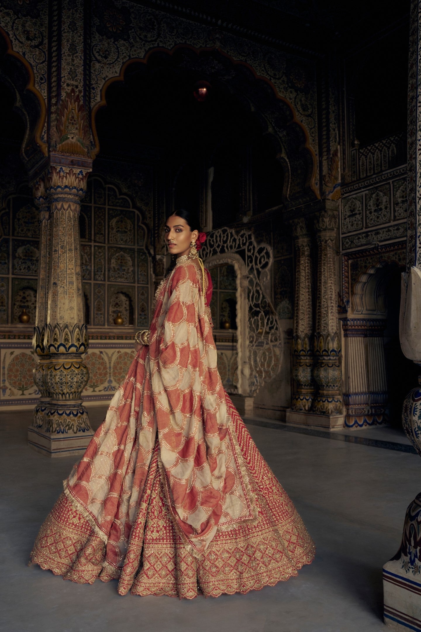 Red Raw Silk Lehenga Choli with Gold Dabka & Net Dupatta