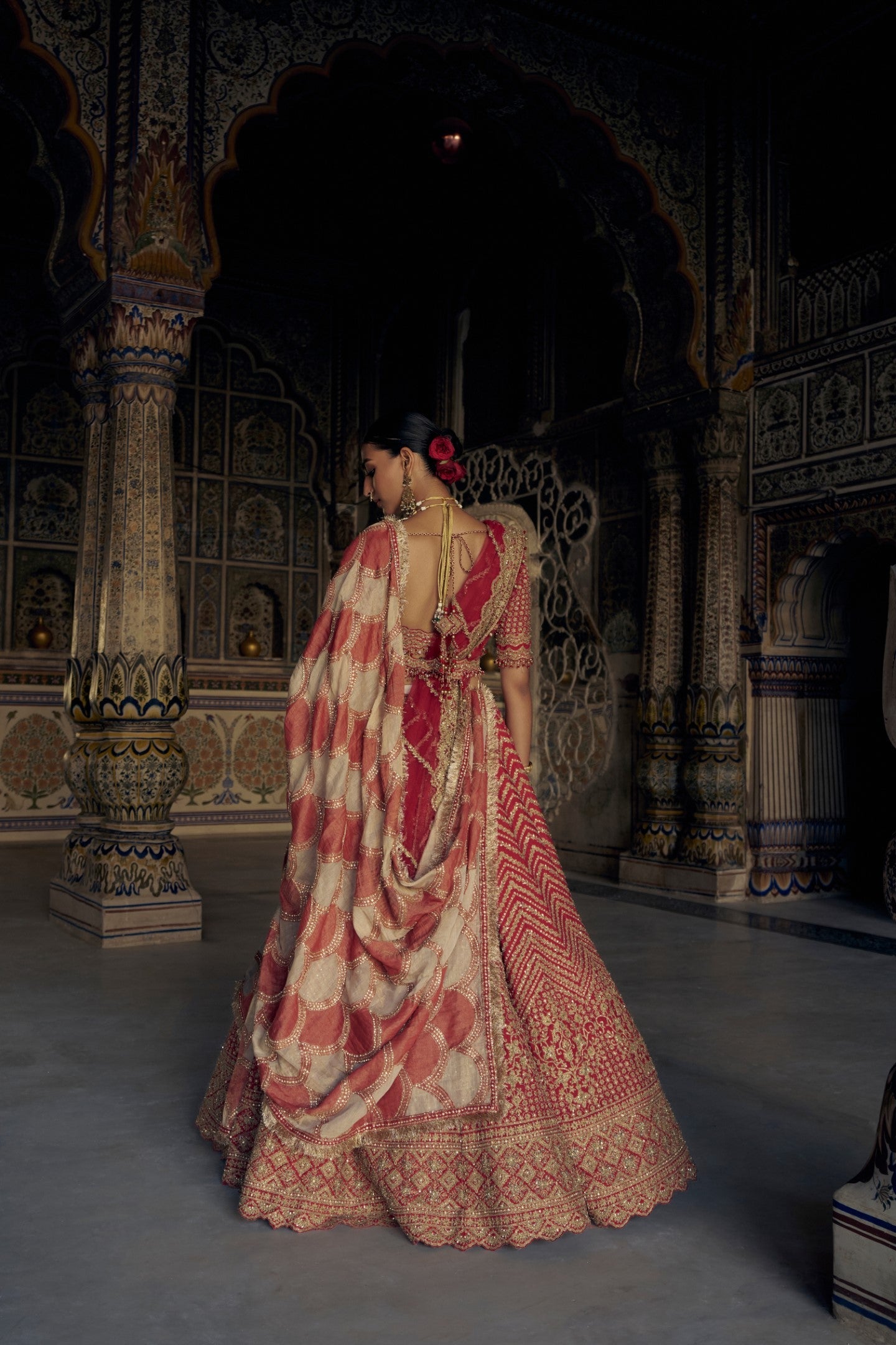 Red Raw Silk Lehenga Choli with Gold Dabka & Net Dupatta