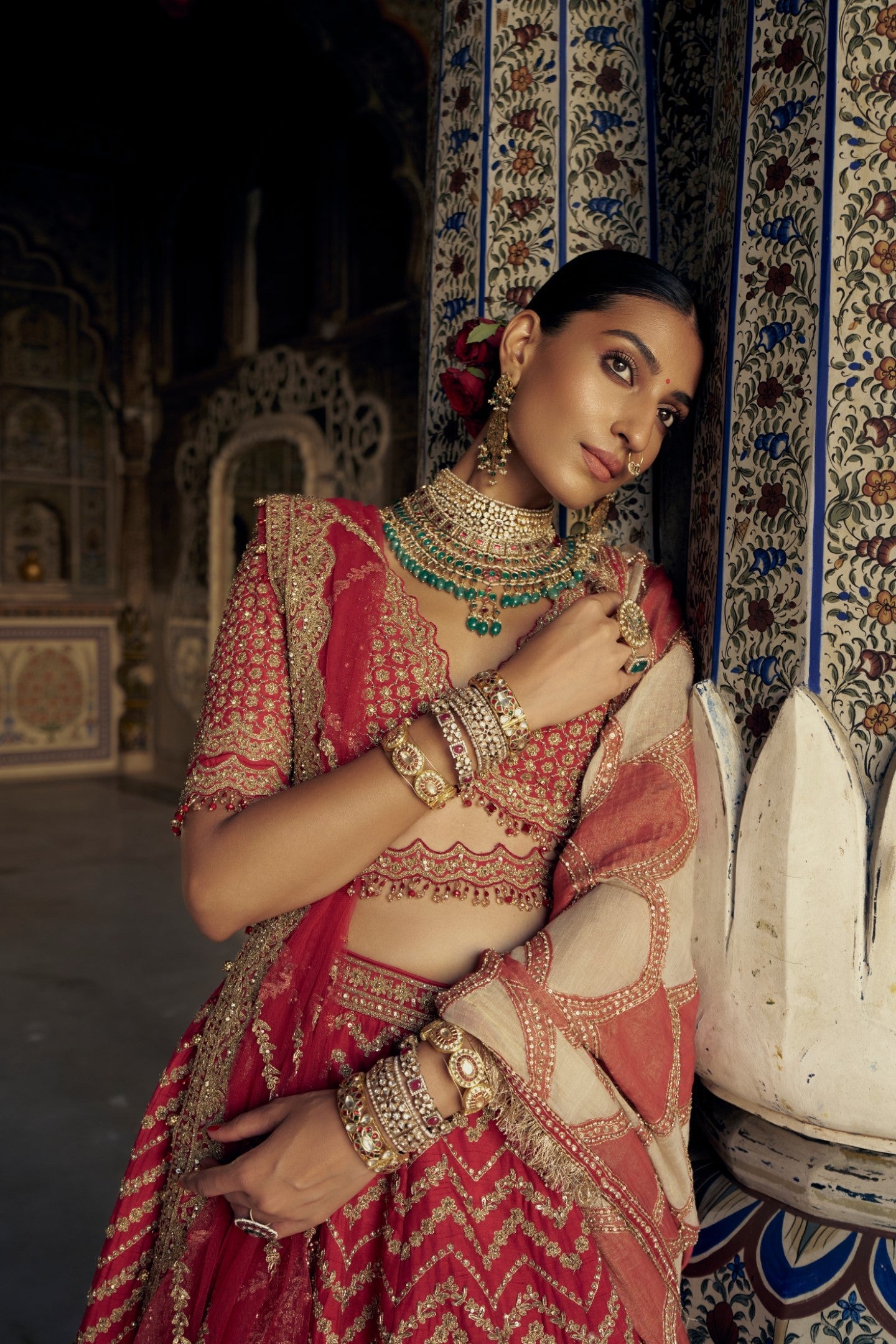 Red Raw Silk Lehenga Choli with Gold Dabka & Net Dupatta