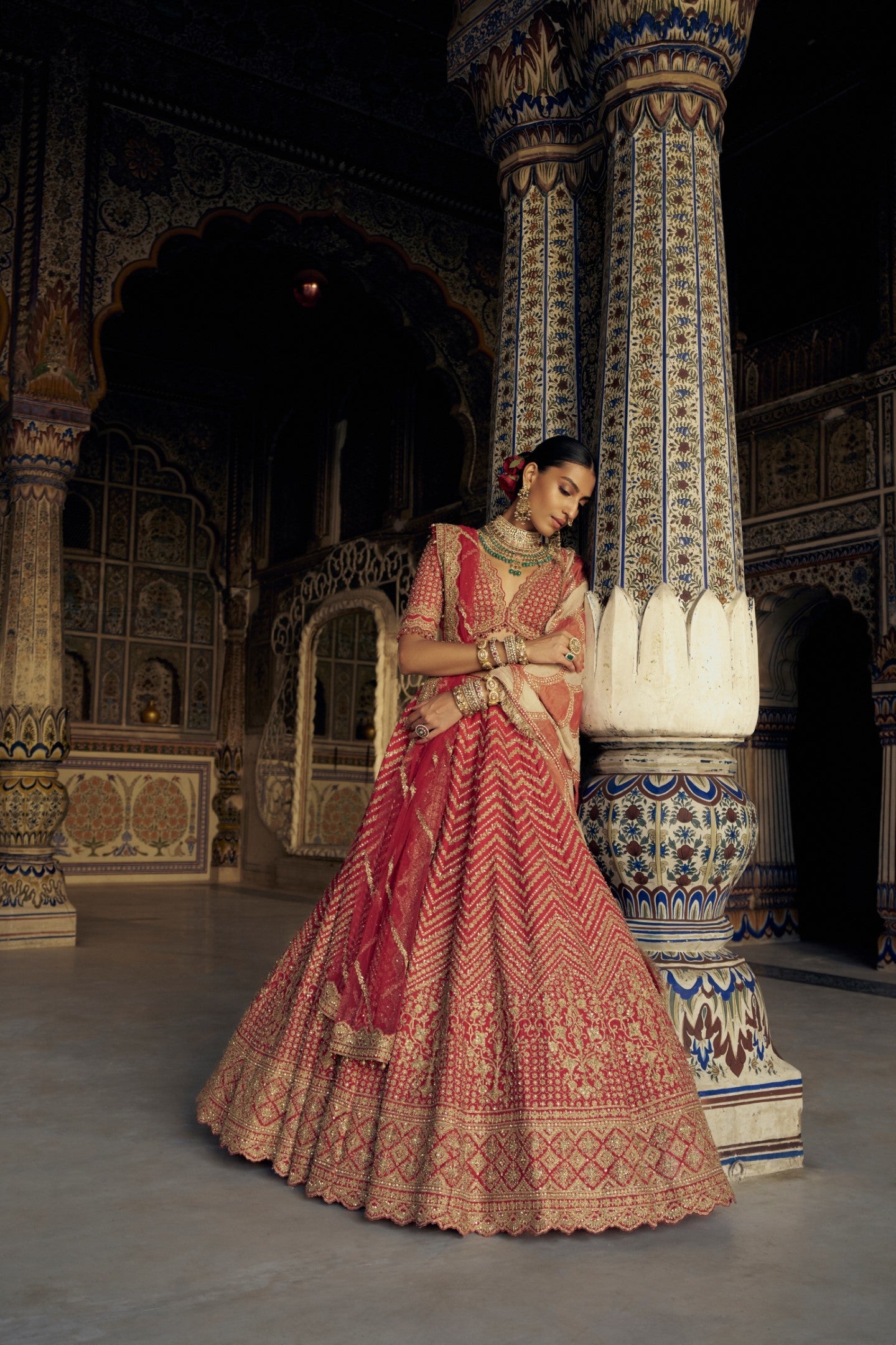 Red Raw Silk Lehenga Choli with Gold Dabka & Net Dupatta