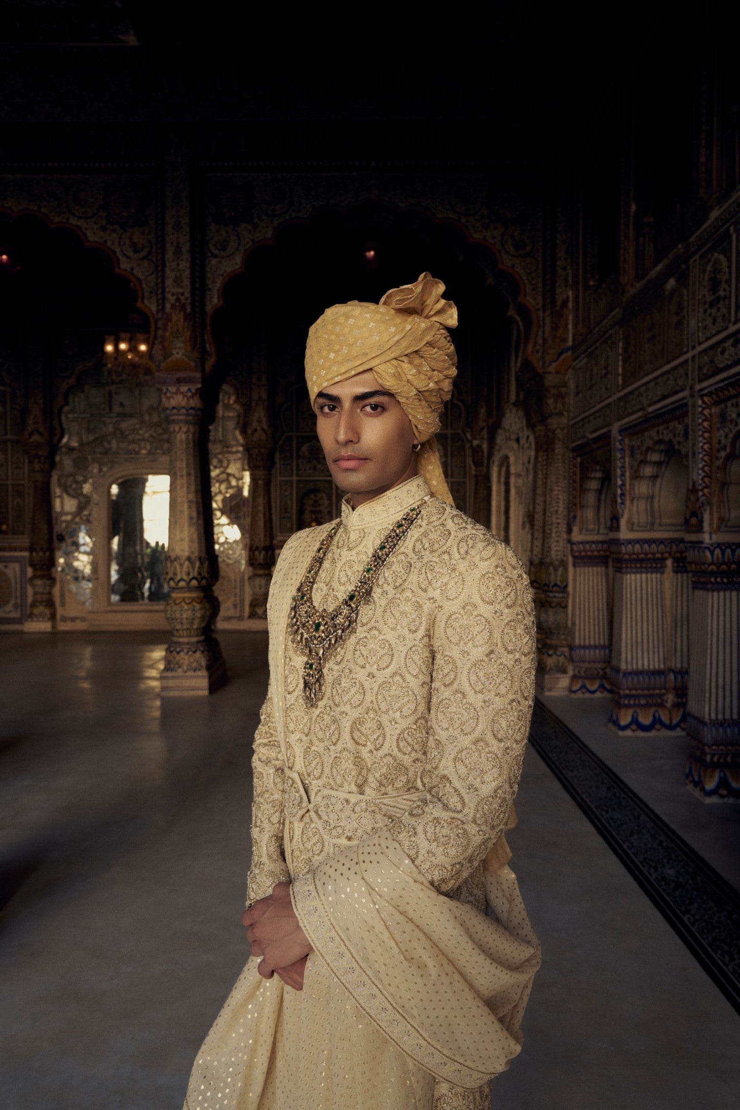 GOLD RAW SILK SHERWANI WITH KURTA AND CHURIDAR