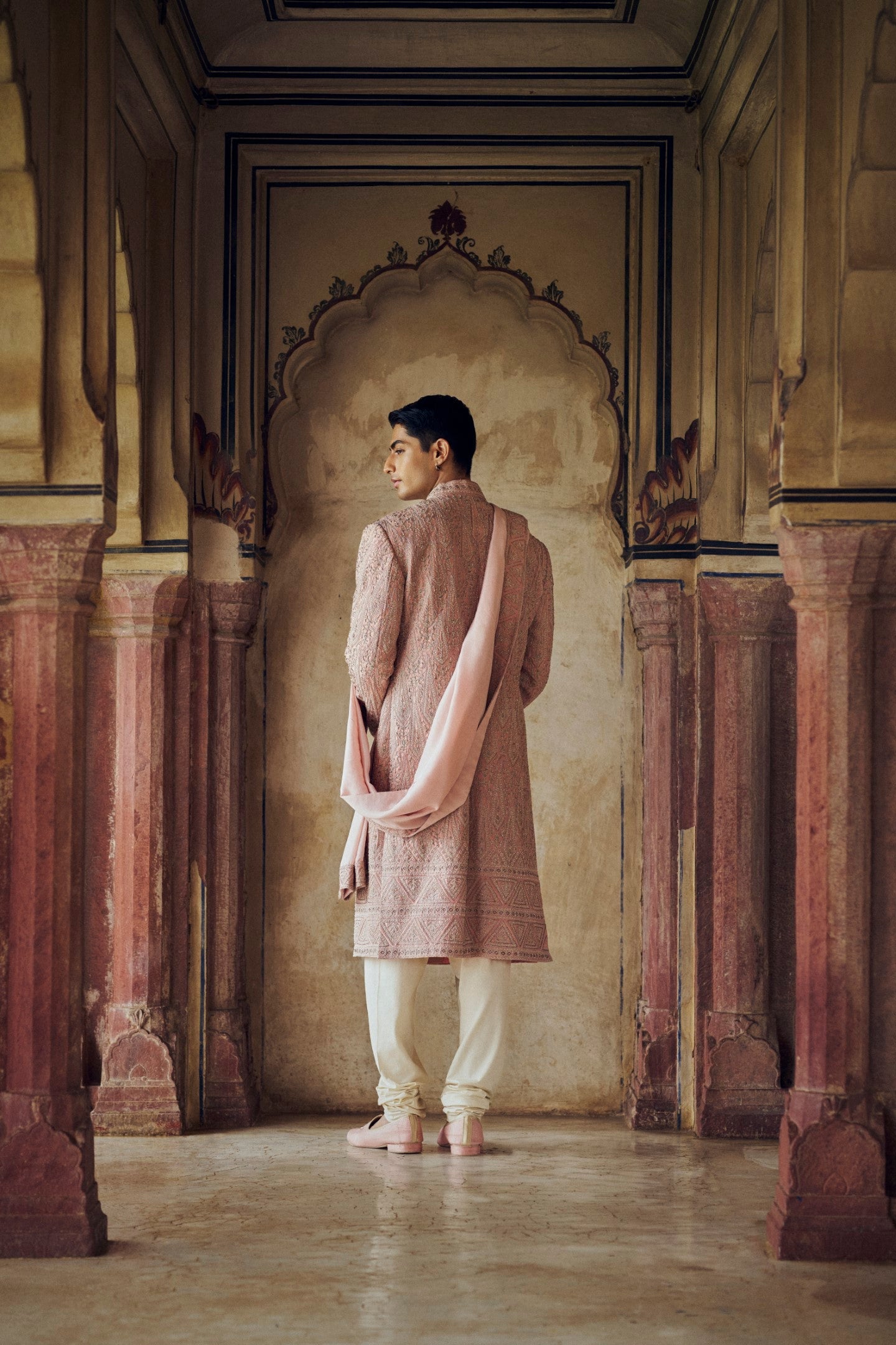 DUSTY ROSE PINK SHERWANI WITH  KURTA AND CHURIDAR