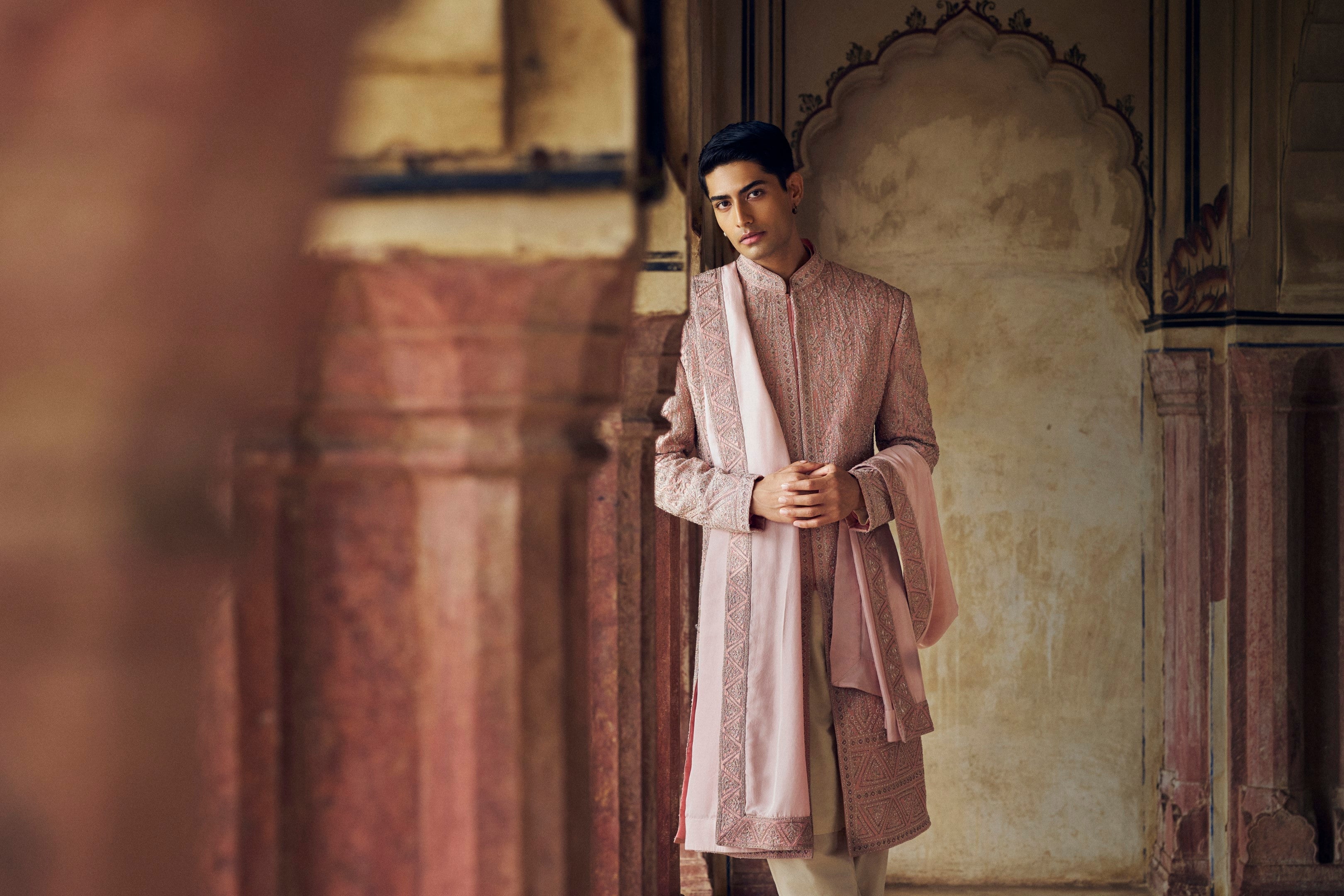 DUSTY ROSE PINK SHERWANI WITH  KURTA AND CHURIDAR