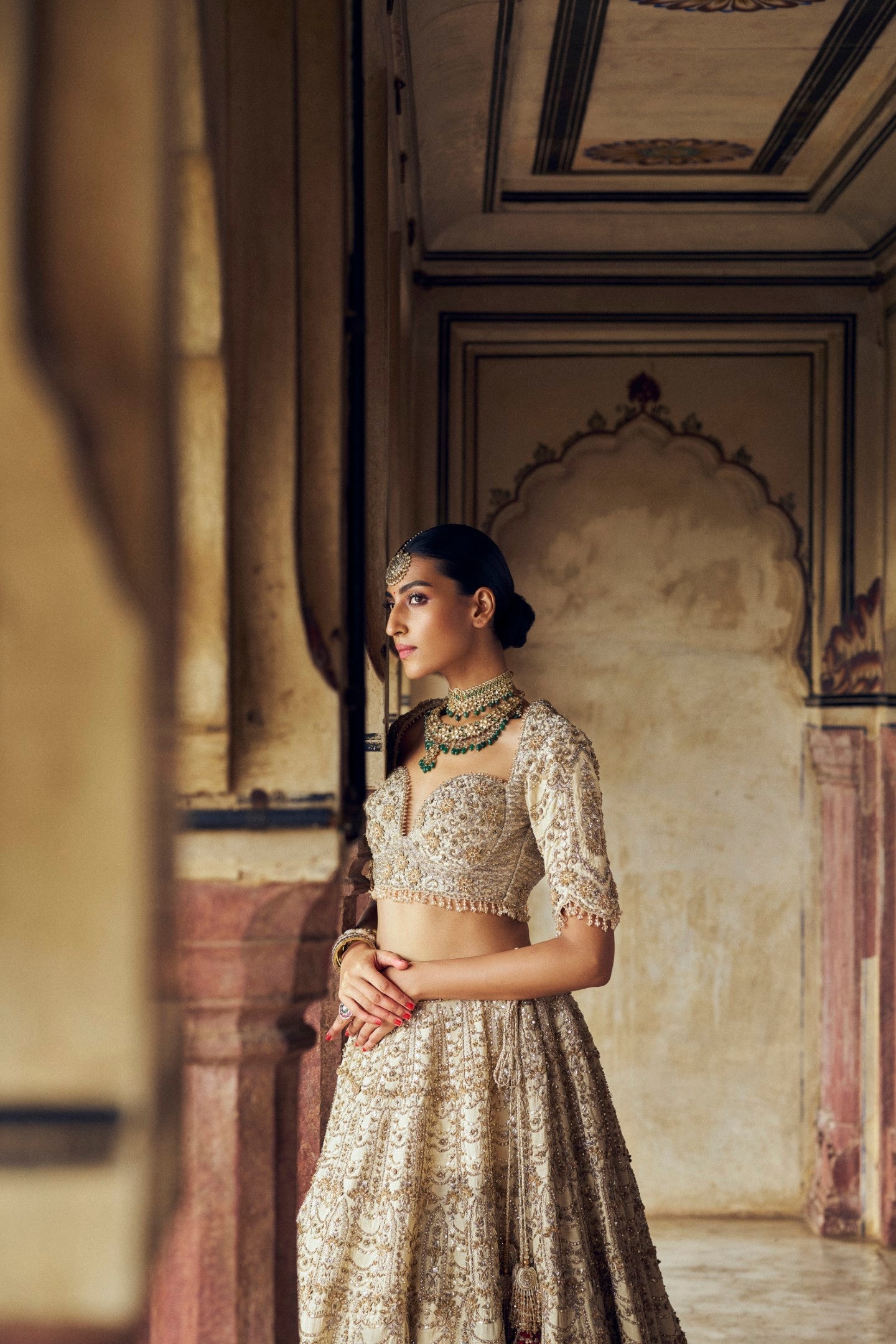 Gold Raw Silk Lehenga Choli with 3-D Embroidered Net Dupatta