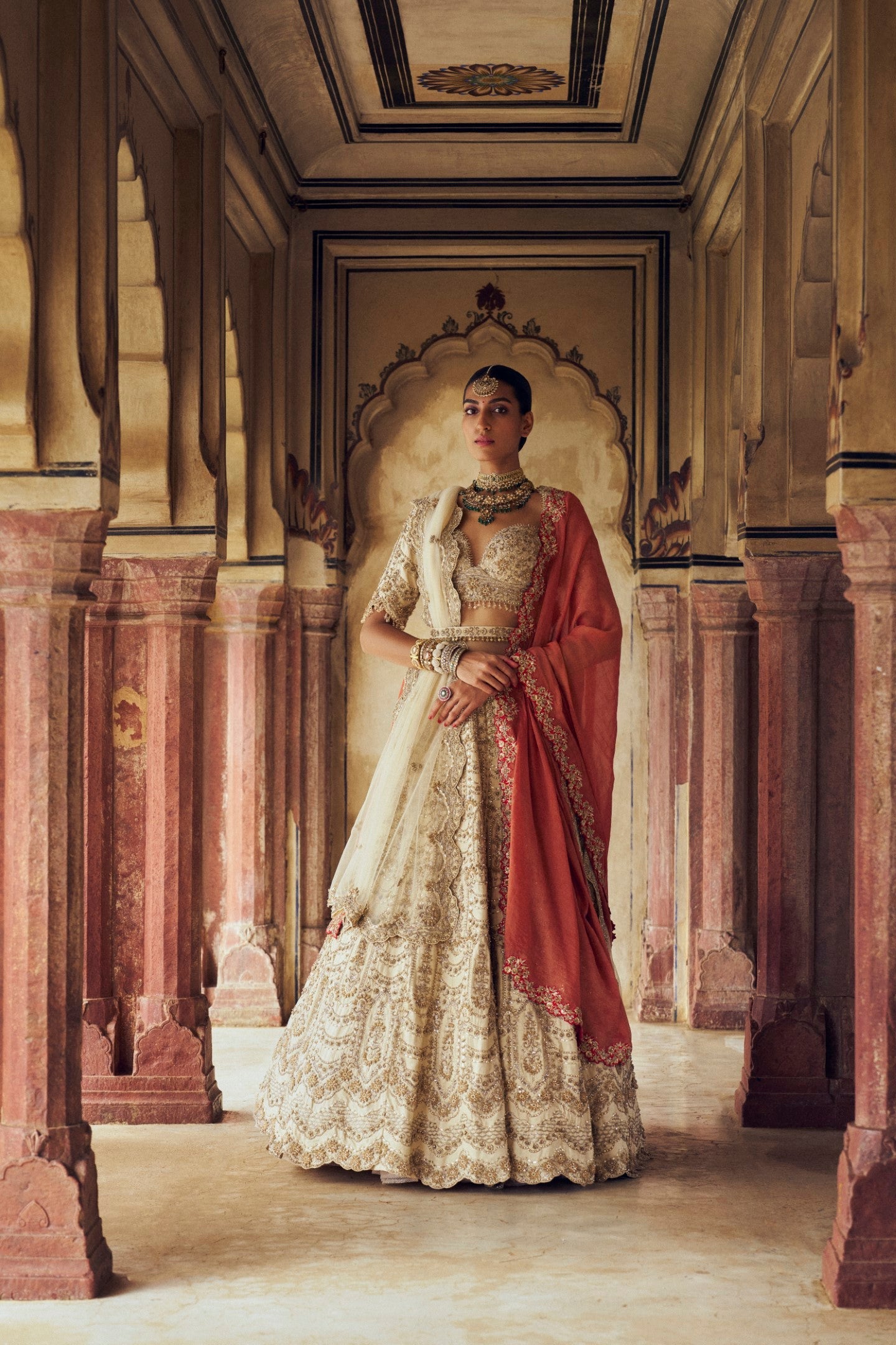 Gold Raw Silk Lehenga Choli with 3-D Embroidered Net Dupatta