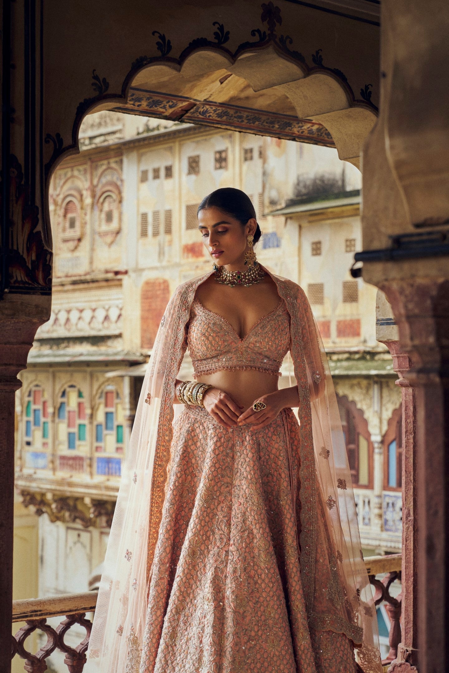 PEACH TAFETTA SILK LEHENGA CHOLI SET WITH A TULLE DUPATTA