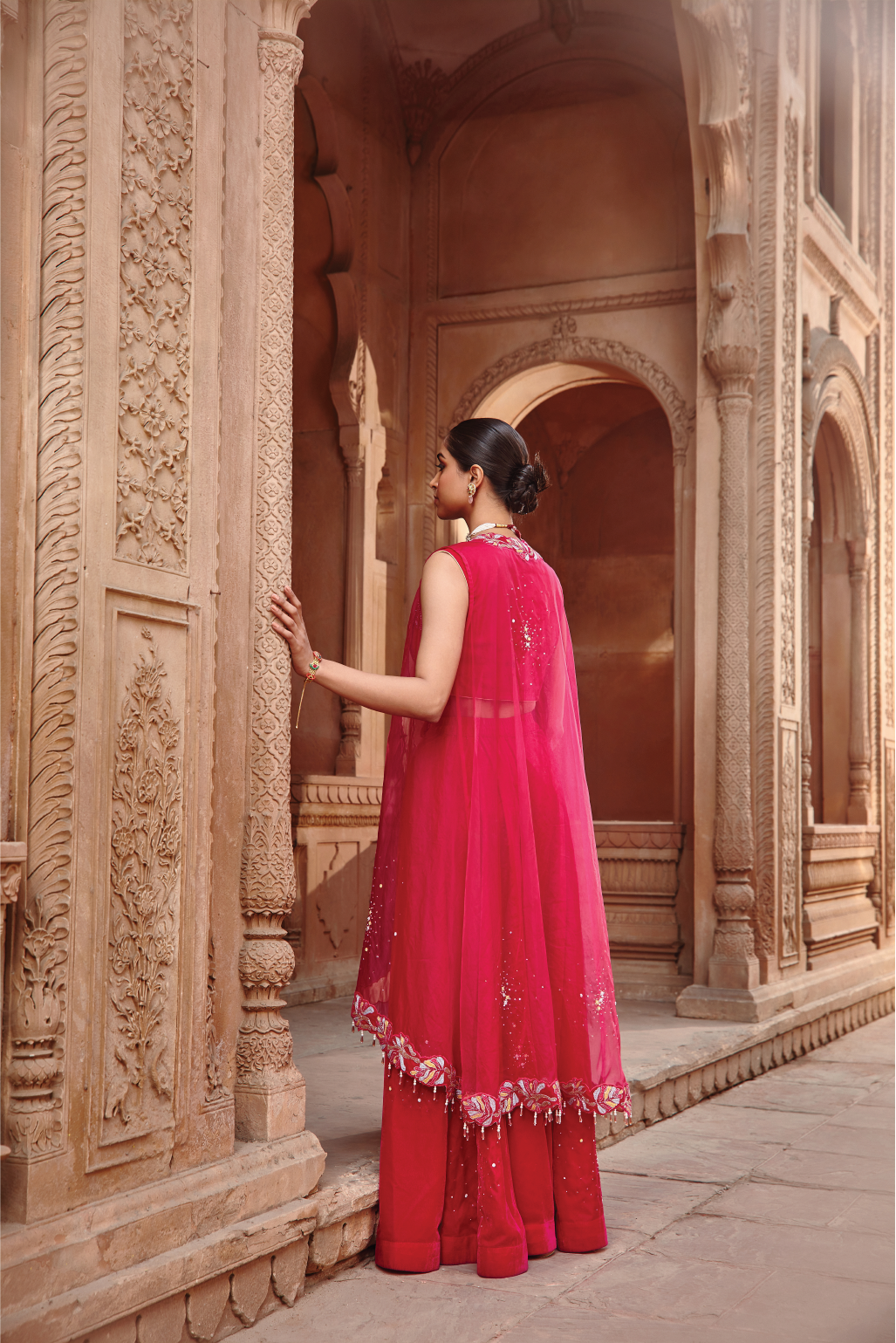 Noora Rani Pink Embroidered Velvet Cape and Organza Sharara Set