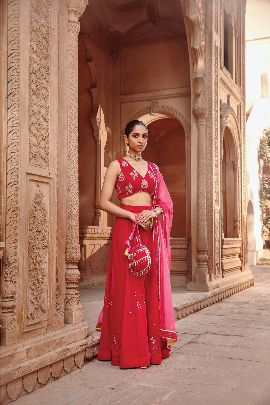 Noora Rani Pink Embroidered Velvet Cape and Organza Sharara Set