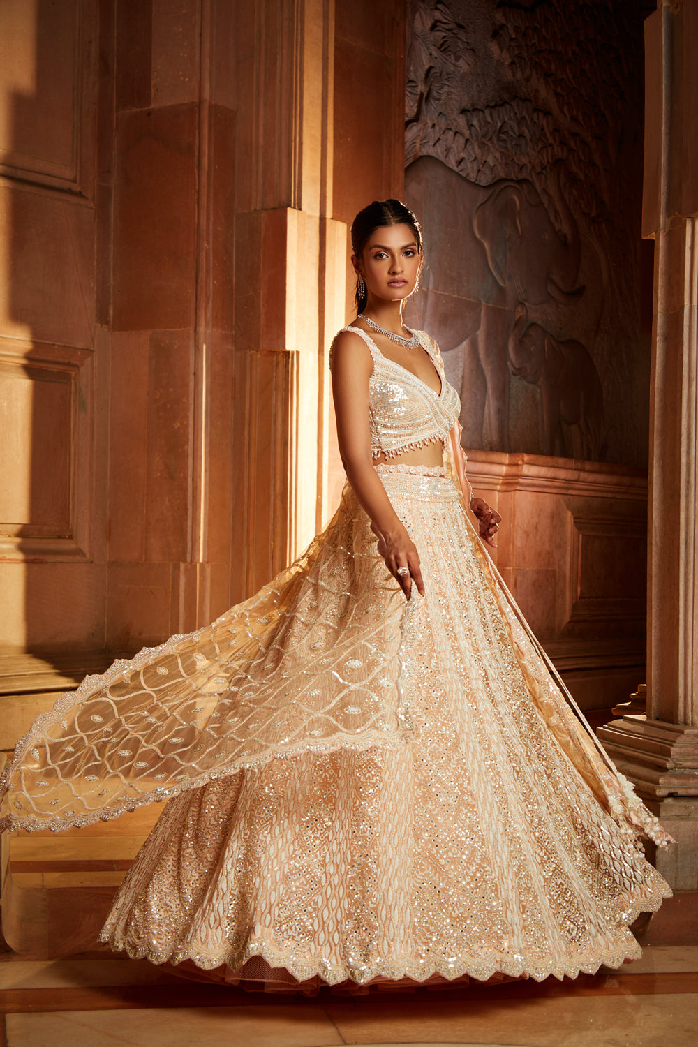 Nude Pink Tulle Lehenga Choli Set with Intricate Worked Belt