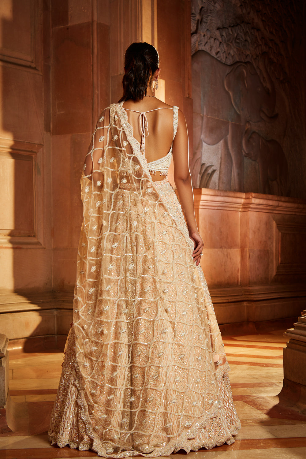 Nude Pink Tulle Lehenga Choli Set with Intricate Worked Belt