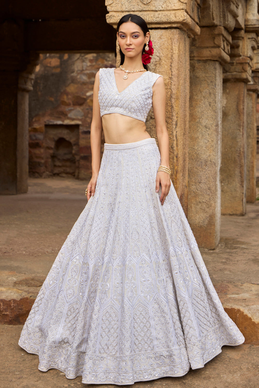 "Oraya" Ivory Resham Kashmiri Embroidered Lehenga Set