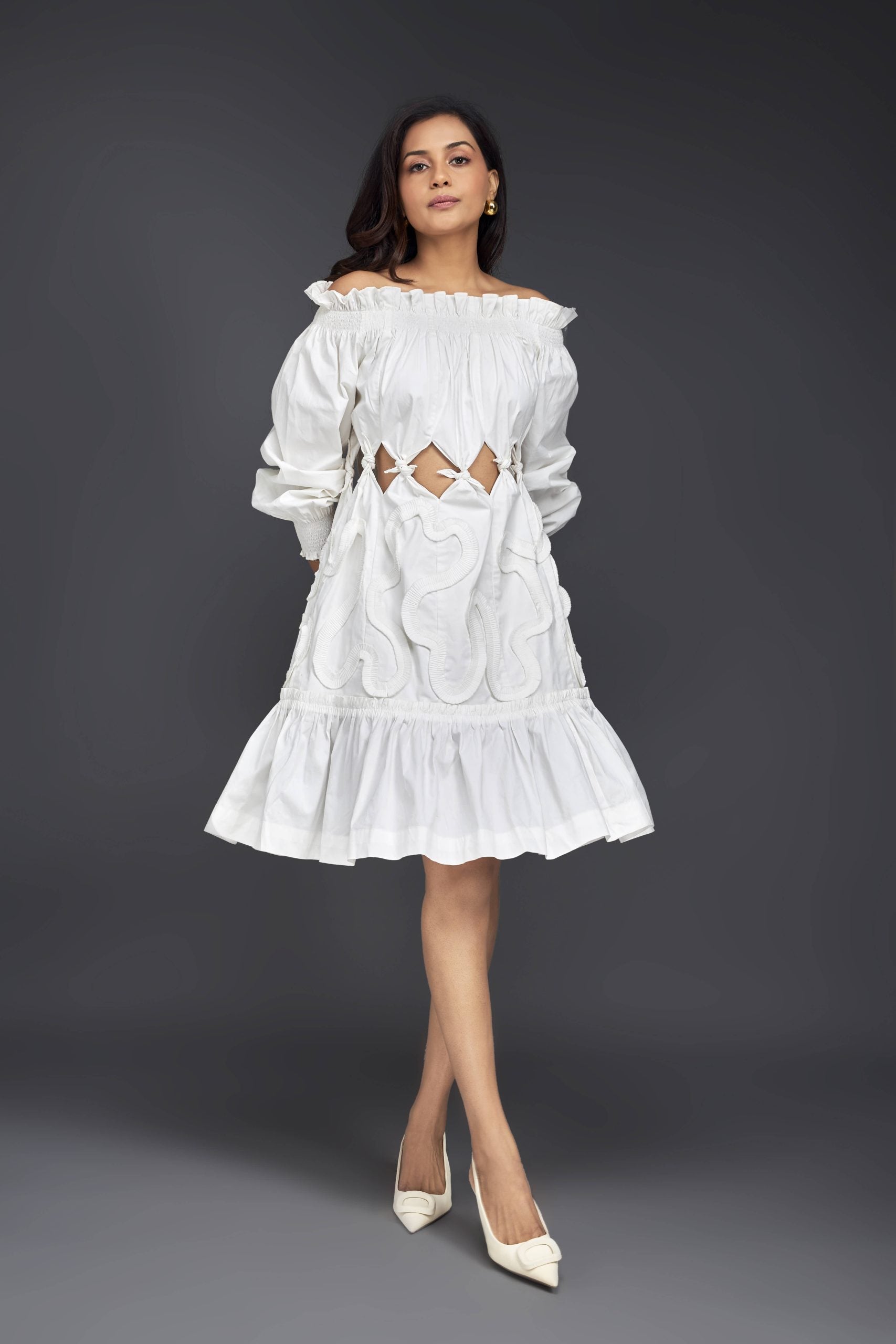 WHITE OFF-SHOULDER DRESS WITH WAIST CUTOUTS AND PLEATED FRILL DETAILING