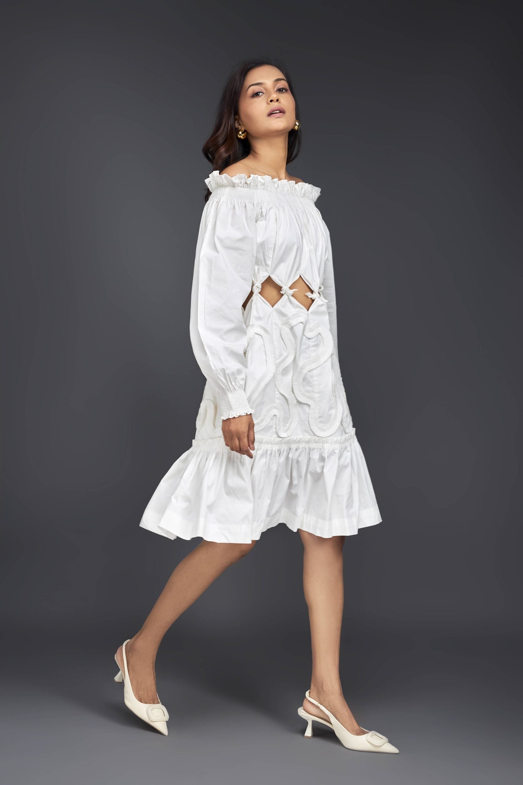 WHITE OFF-SHOULDER DRESS WITH WAIST CUTOUTS AND PLEATED FRILL DETAILING