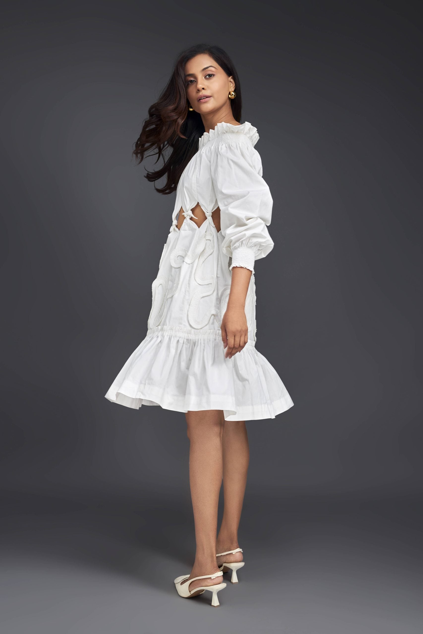 WHITE OFF-SHOULDER DRESS WITH WAIST CUTOUTS AND PLEATED FRILL DETAILING