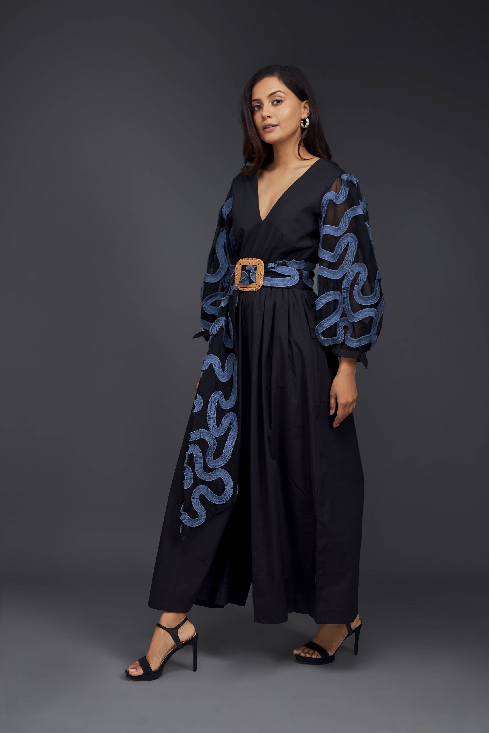 V NECK CULOTTE STYLE JUMPSUIT WITH PUFFED SLEEVES AND BLUE PLEATED FRILL DETAILING