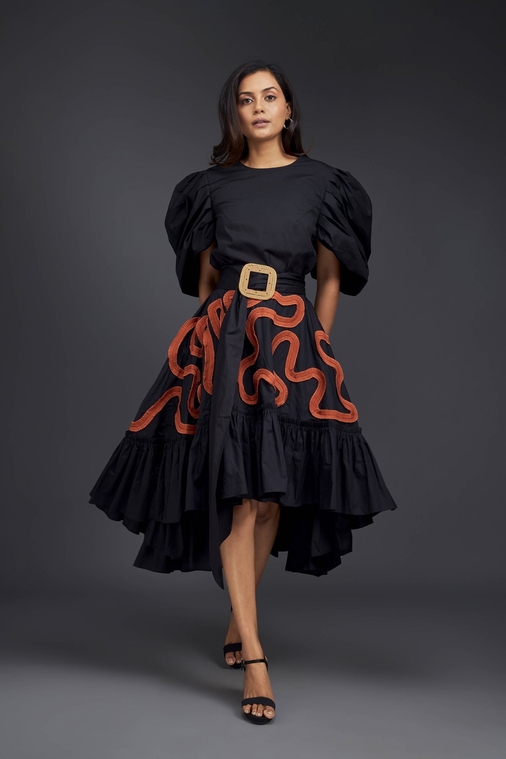 CO-ORD SET WITH GATHERED BOTTOM FRILL & PLEATED FRILL DETAILING ON THE SKIRT.