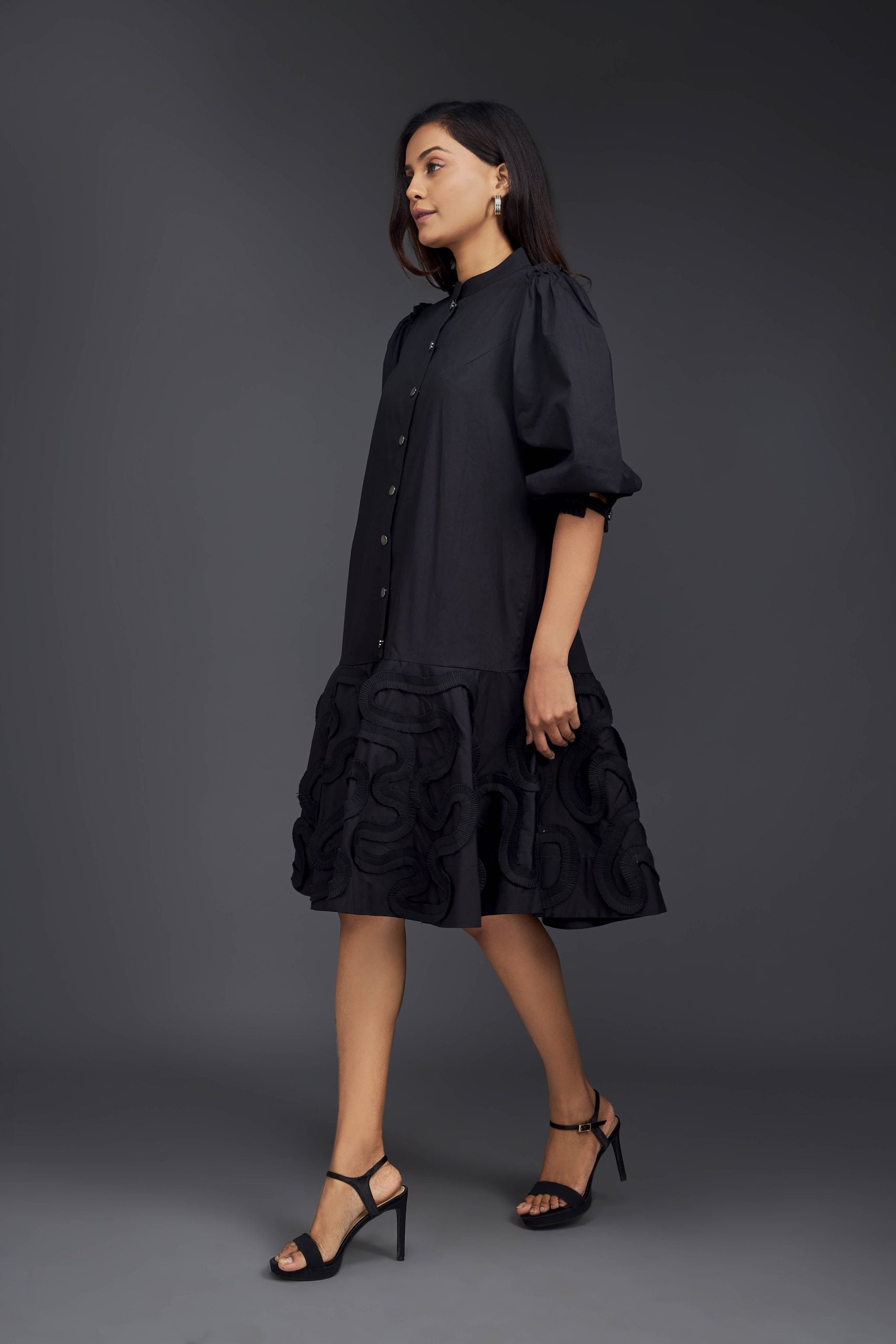 DRESS WITH GATHERED BOTTOM FRILL & PLEATED FRILL DETAILING ON THE BOTTOM