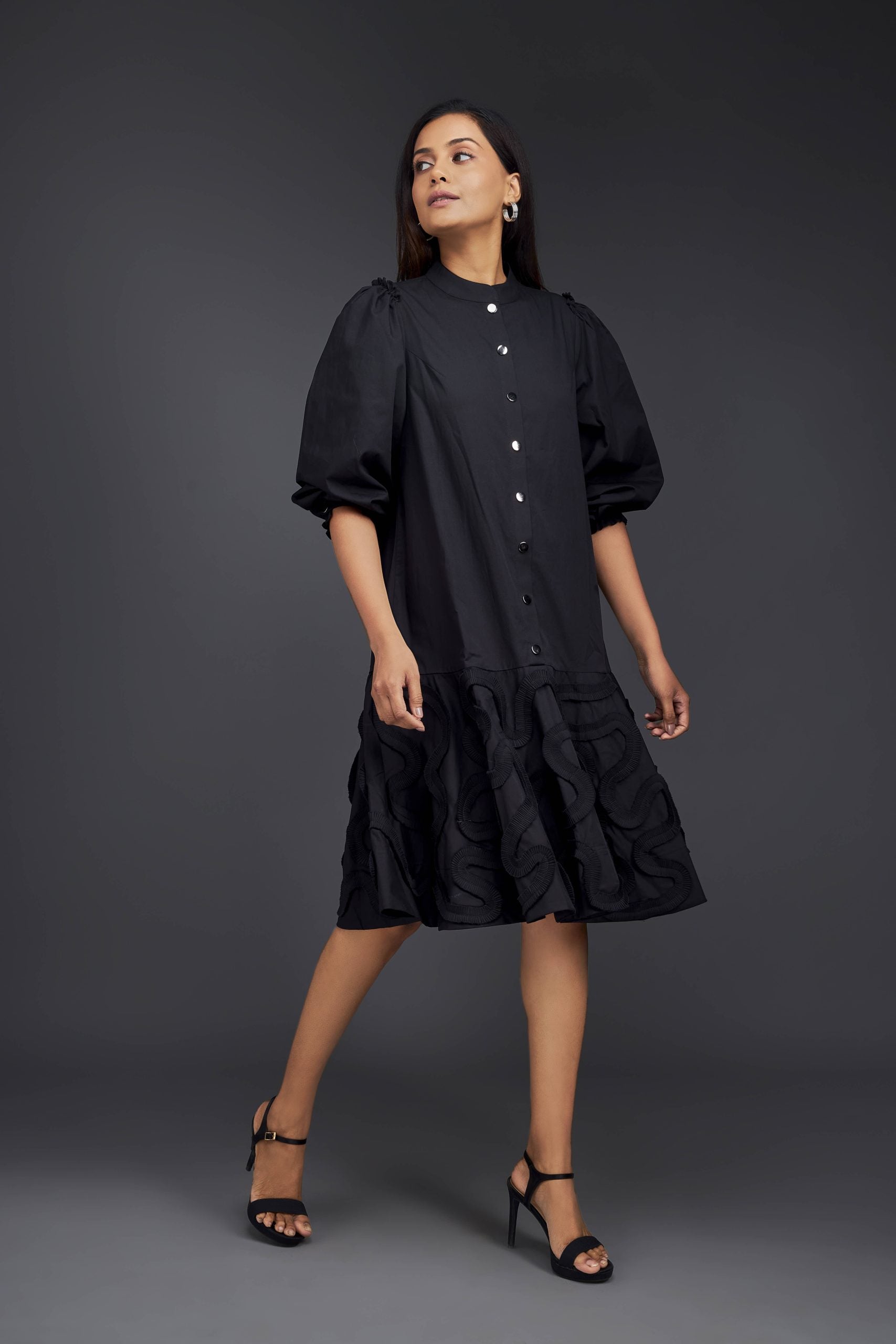 DRESS WITH GATHERED BOTTOM FRILL & PLEATED FRILL DETAILING ON THE BOTTOM
