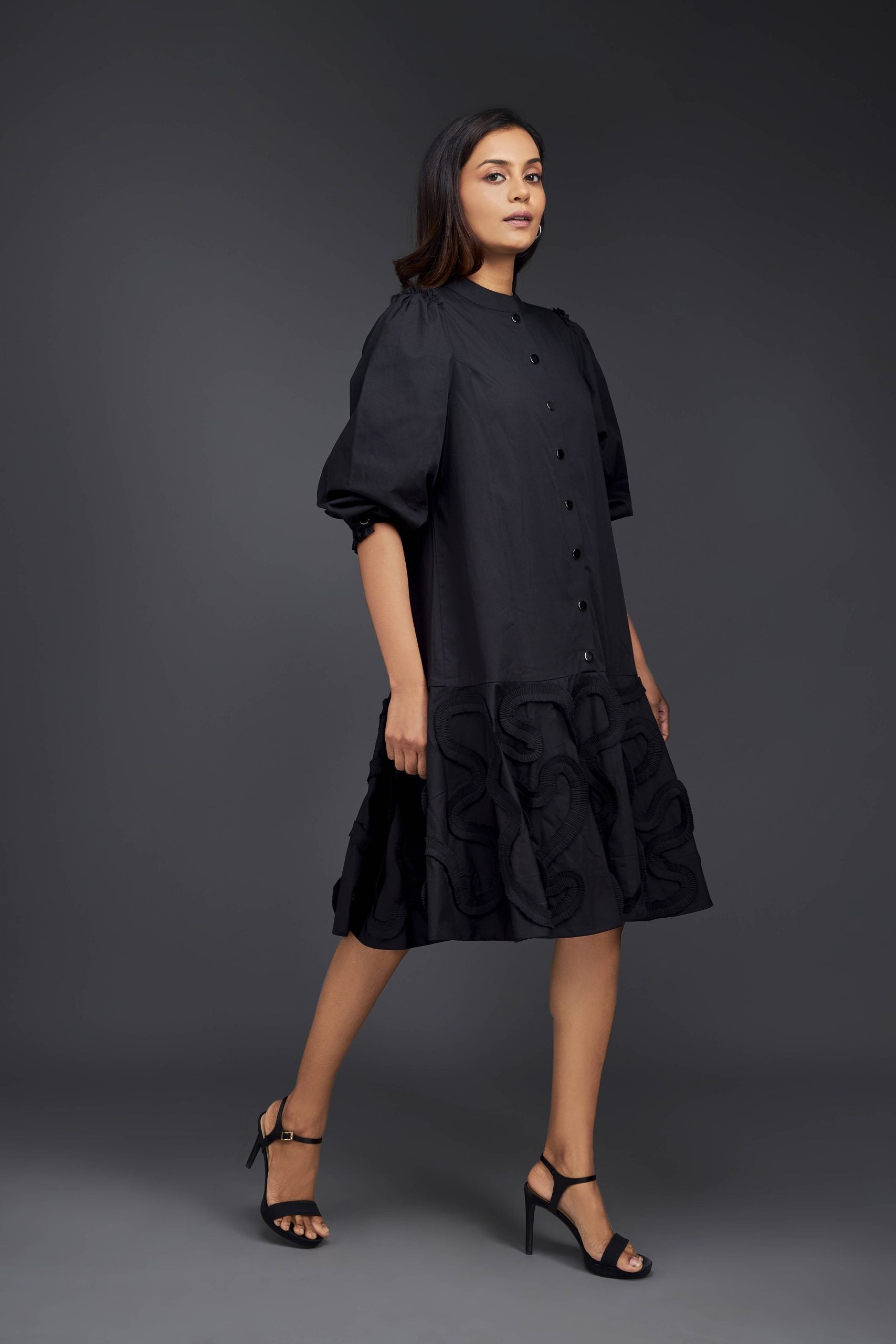 DRESS WITH GATHERED BOTTOM FRILL & PLEATED FRILL DETAILING ON THE BOTTOM