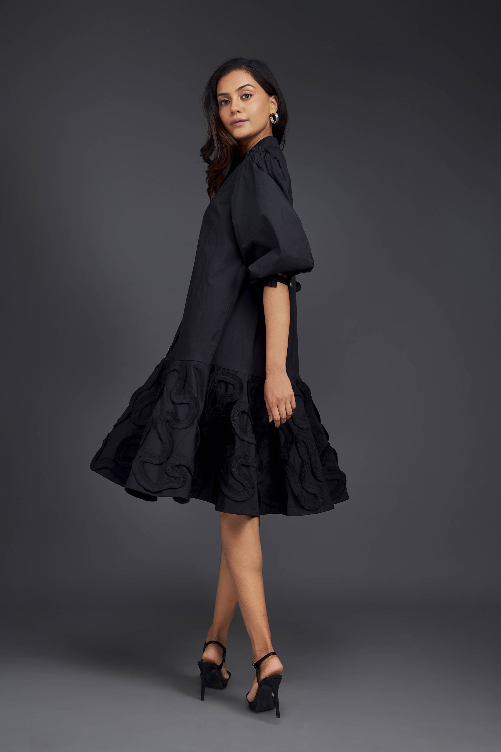 DRESS WITH GATHERED BOTTOM FRILL & PLEATED FRILL DETAILING ON THE BOTTOM
