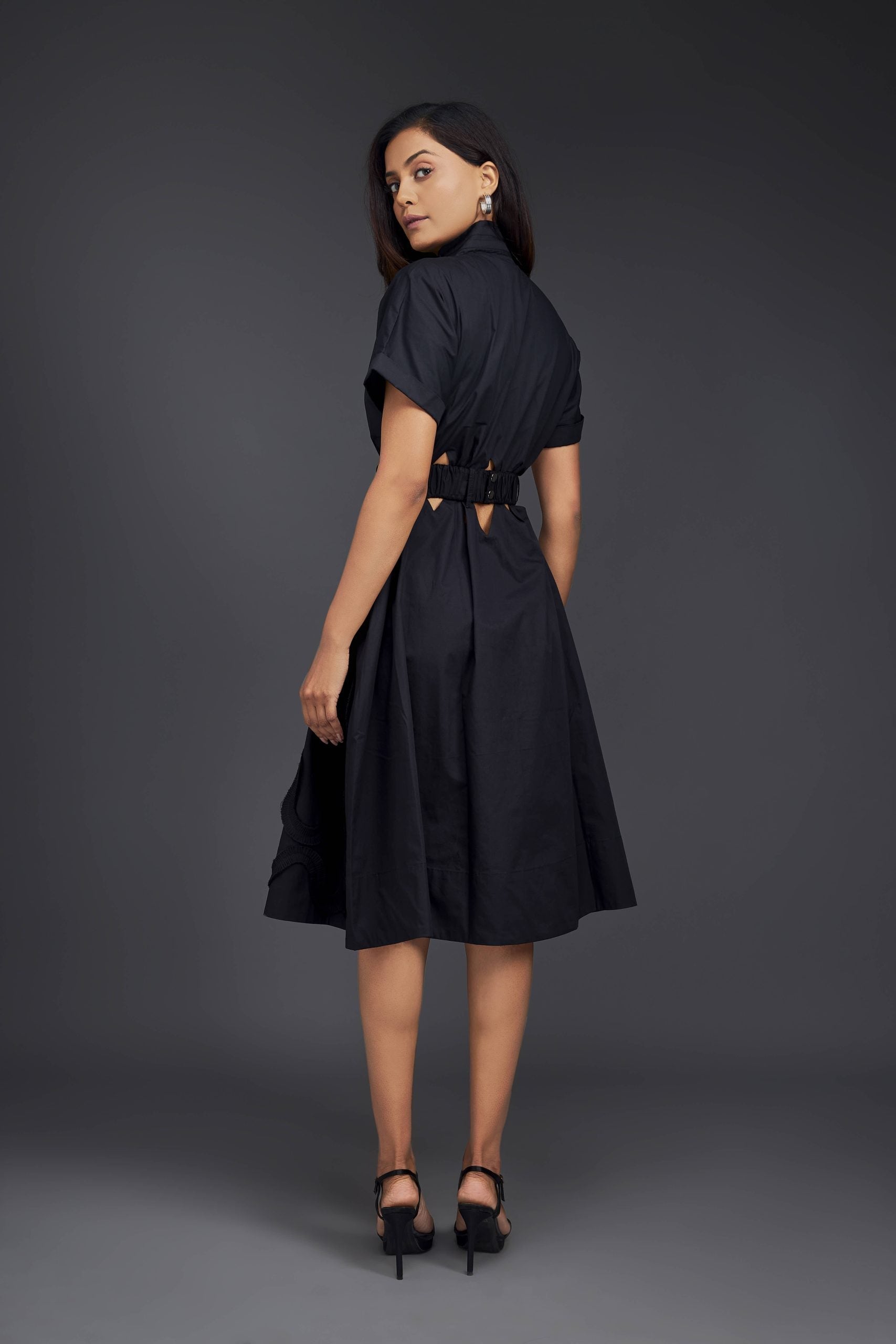 A-LINE BUTTON DOWN DRESS WITH WAIST CUTOUTS COMES WITH BELT