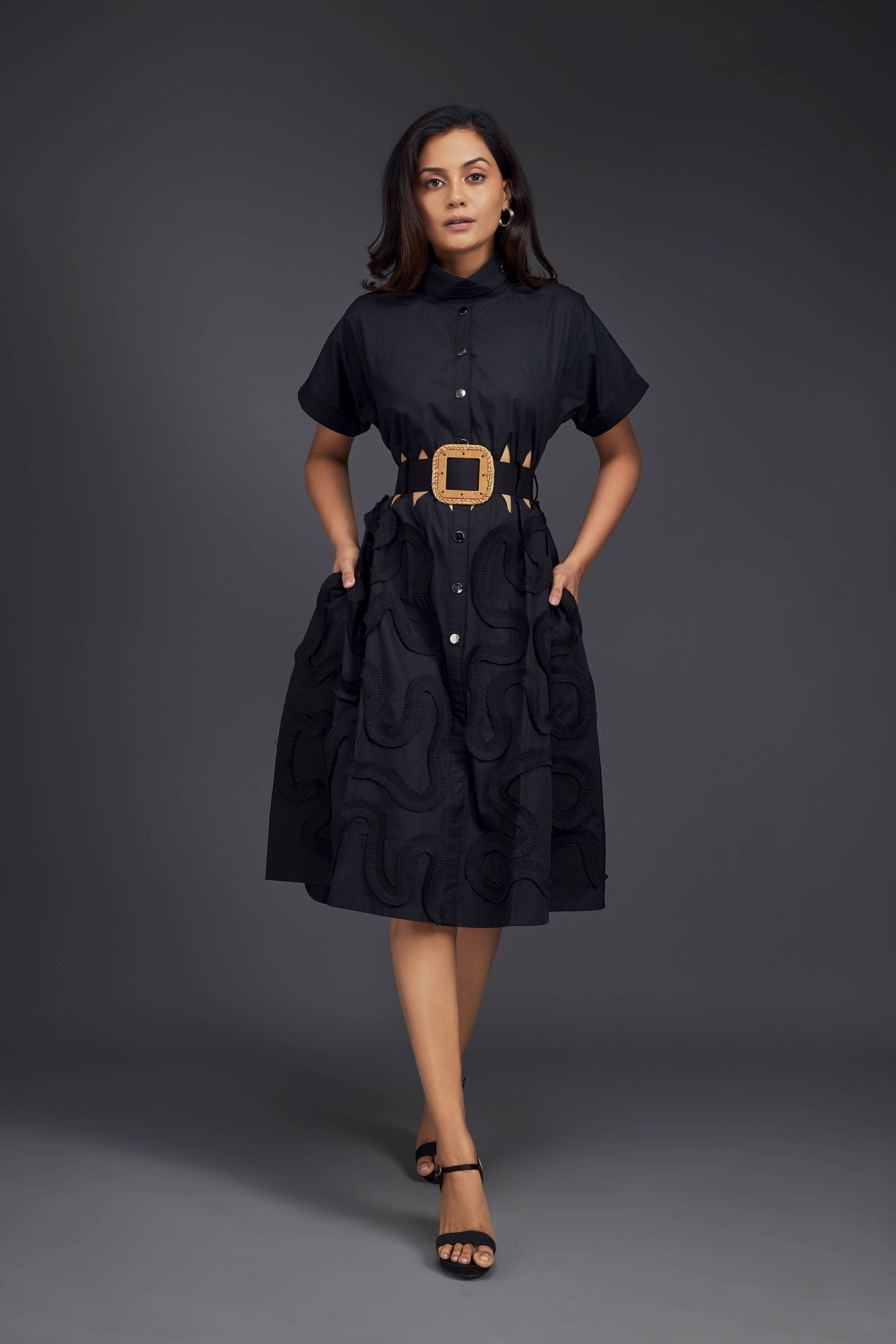 A-LINE BUTTON DOWN DRESS WITH WAIST CUTOUTS COMES WITH BELT