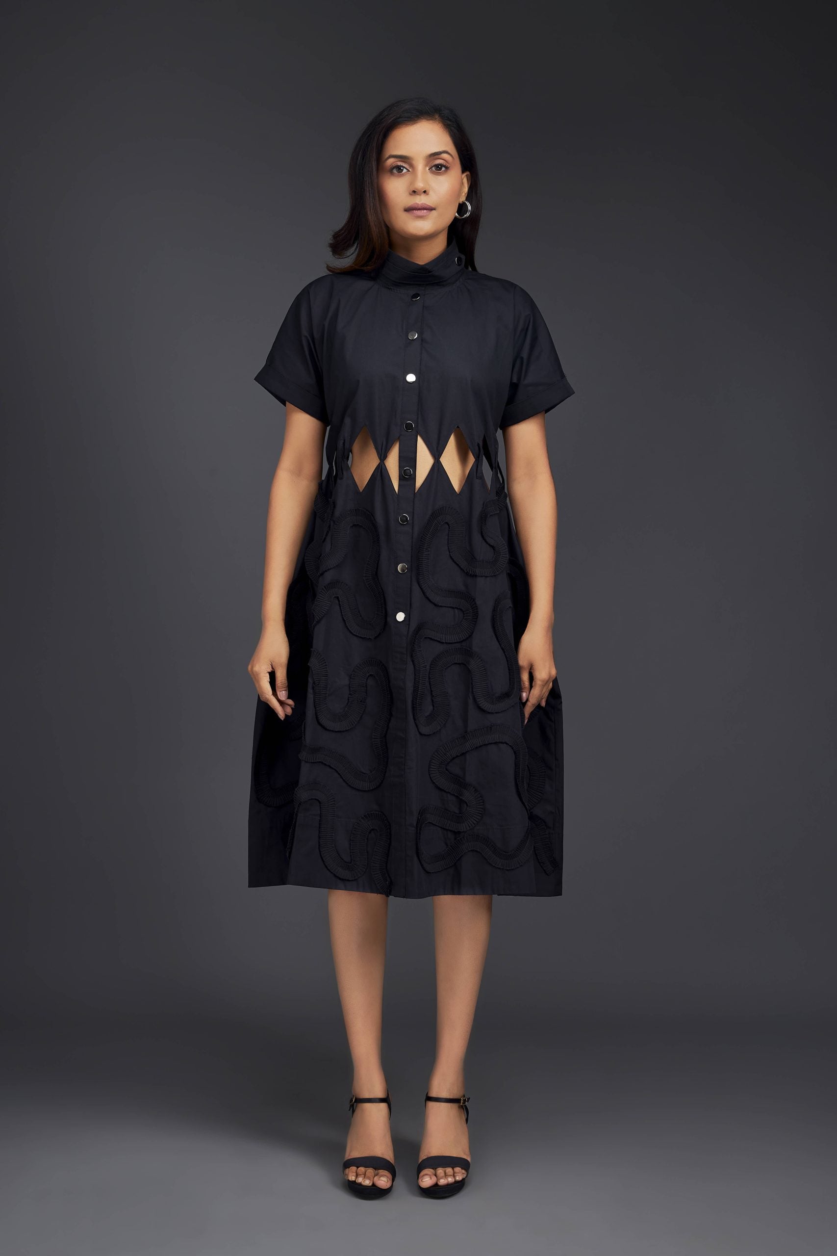 A-LINE BUTTON DOWN DRESS WITH WAIST CUTOUTS COMES WITH BELT