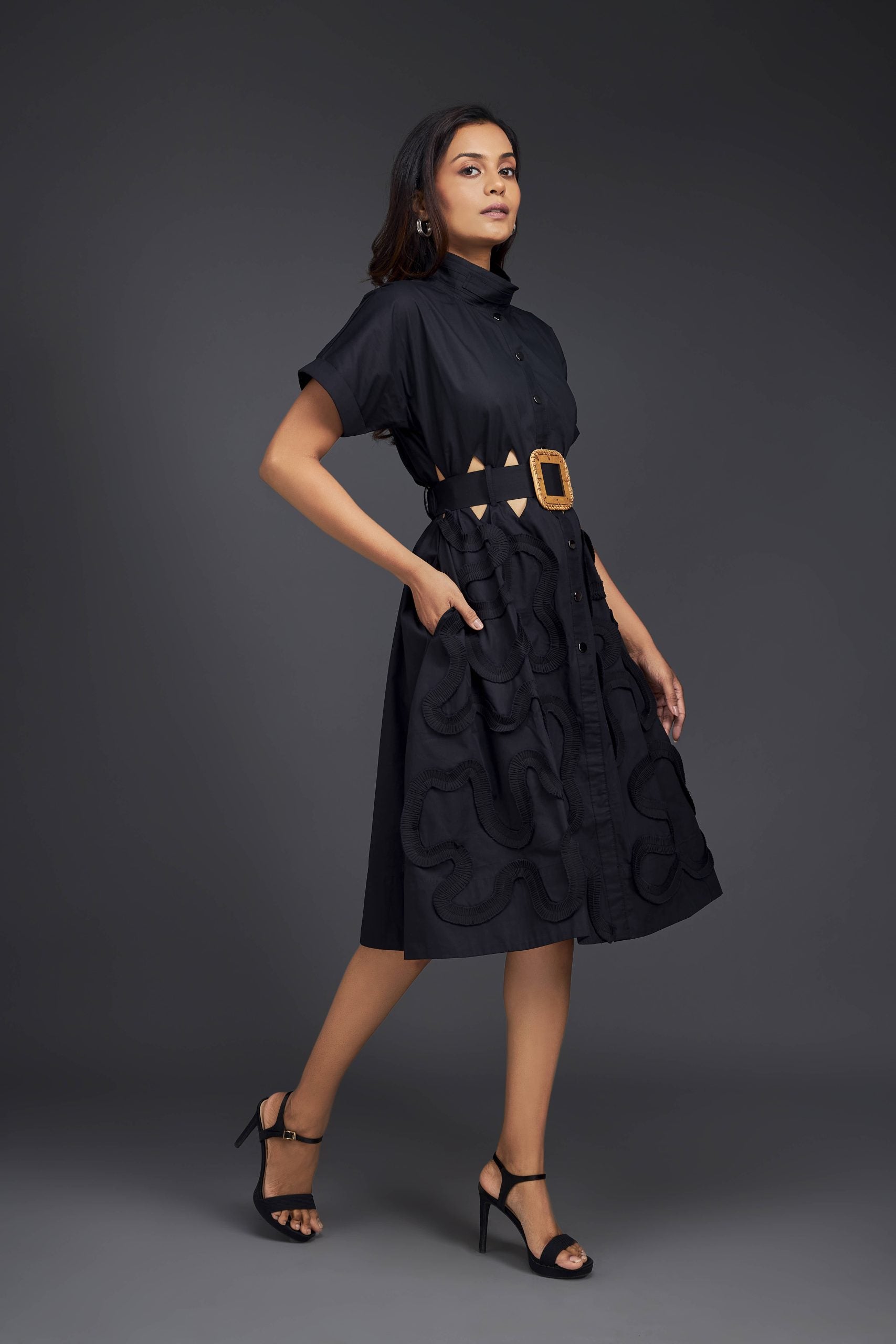 A-LINE BUTTON DOWN DRESS WITH WAIST CUTOUTS COMES WITH BELT