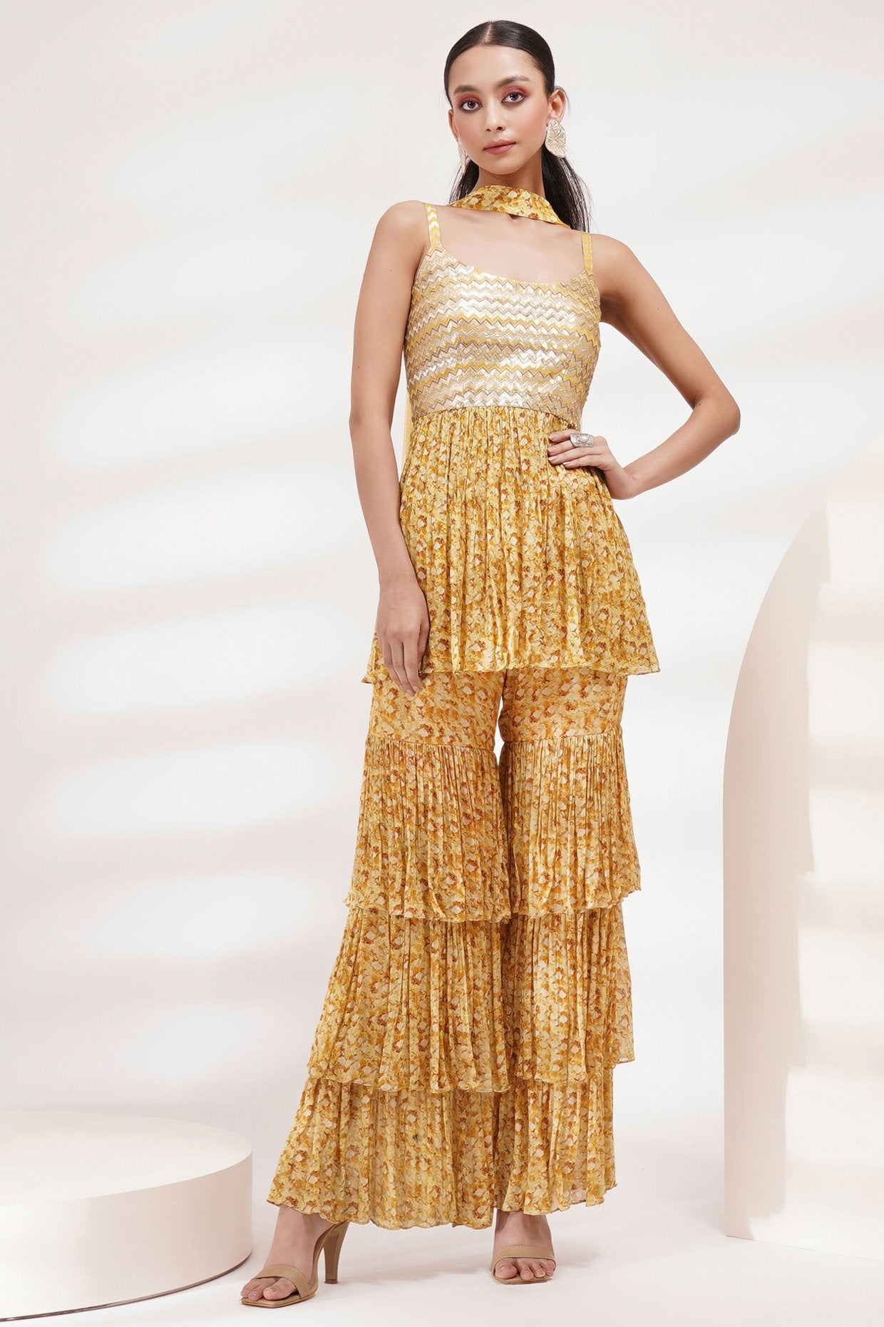 Scoop Neck Short Kurta Ruffled Sharara Set