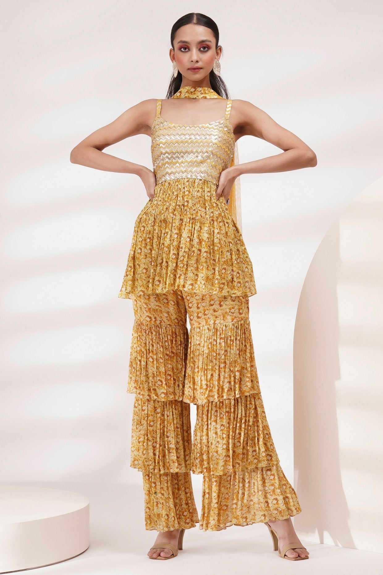 Scoop Neck Short Kurta Ruffled Sharara Set