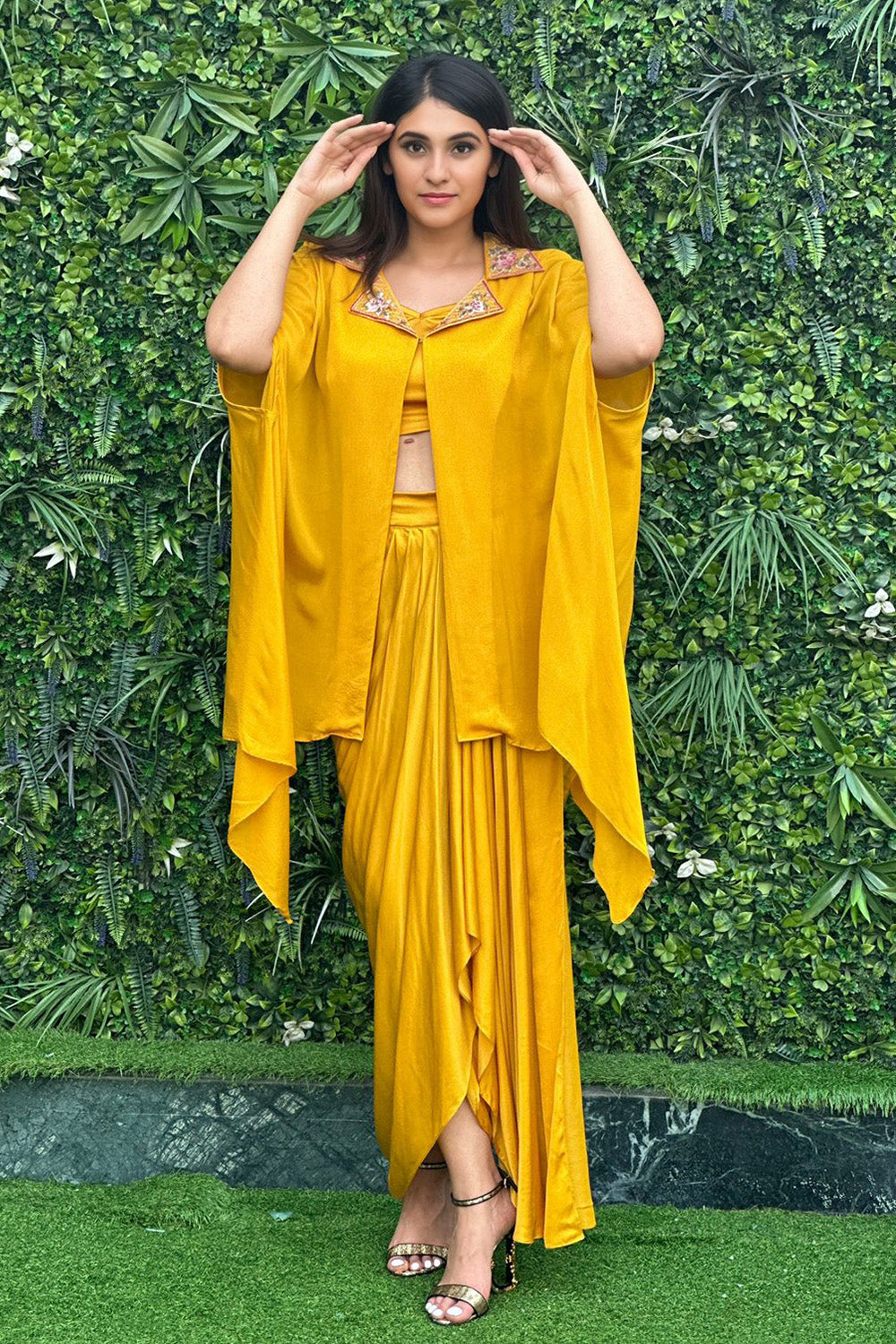 Zarin Mustard Embroidered Cape Set with Pick Up Skirt