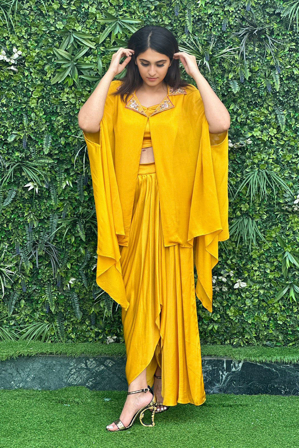 Zarin Mustard Embroidered Cape Set with Pick Up Skirt