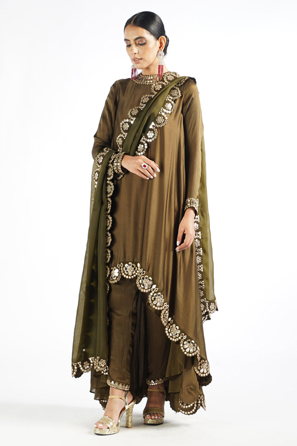 Olive Green Mirror Scallop Pant Kurta Set