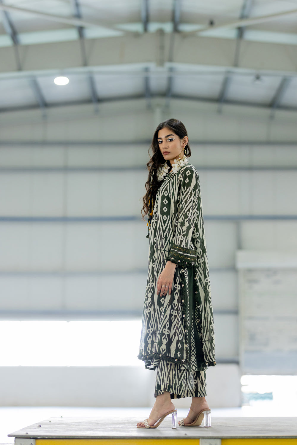 Rey Olive Double Layer Kurta With Pants